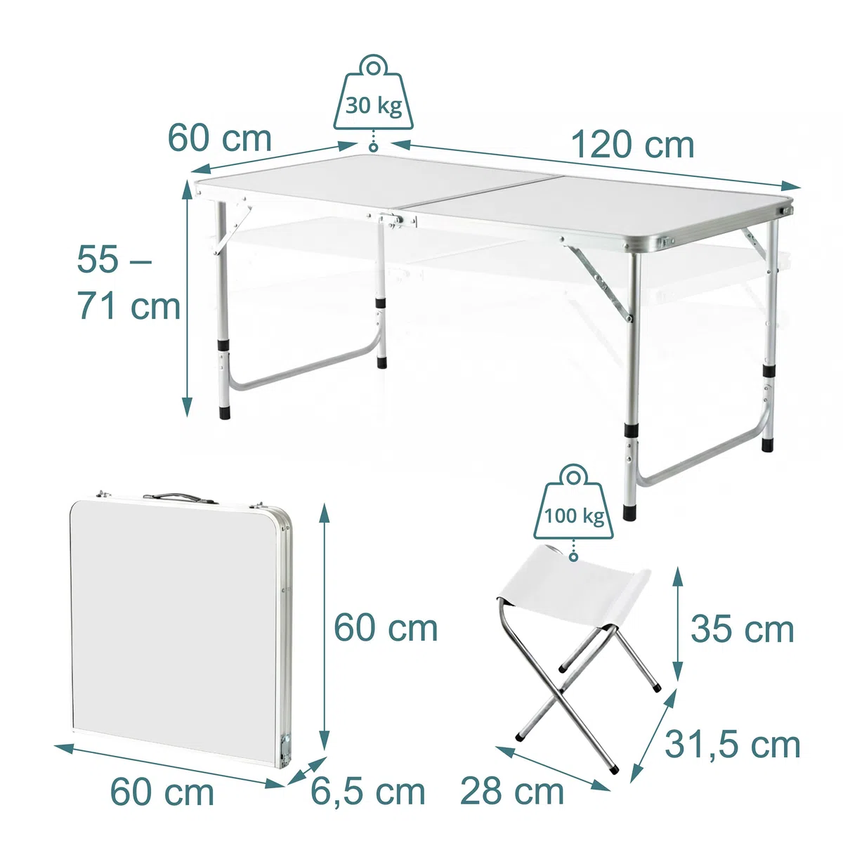 Relaxdays Campingtisch, 4 Sitzhocker, klappbar, höhenverstellbar, mit Tragegriff, Aluminium, MDF, Klapptisch, weiß