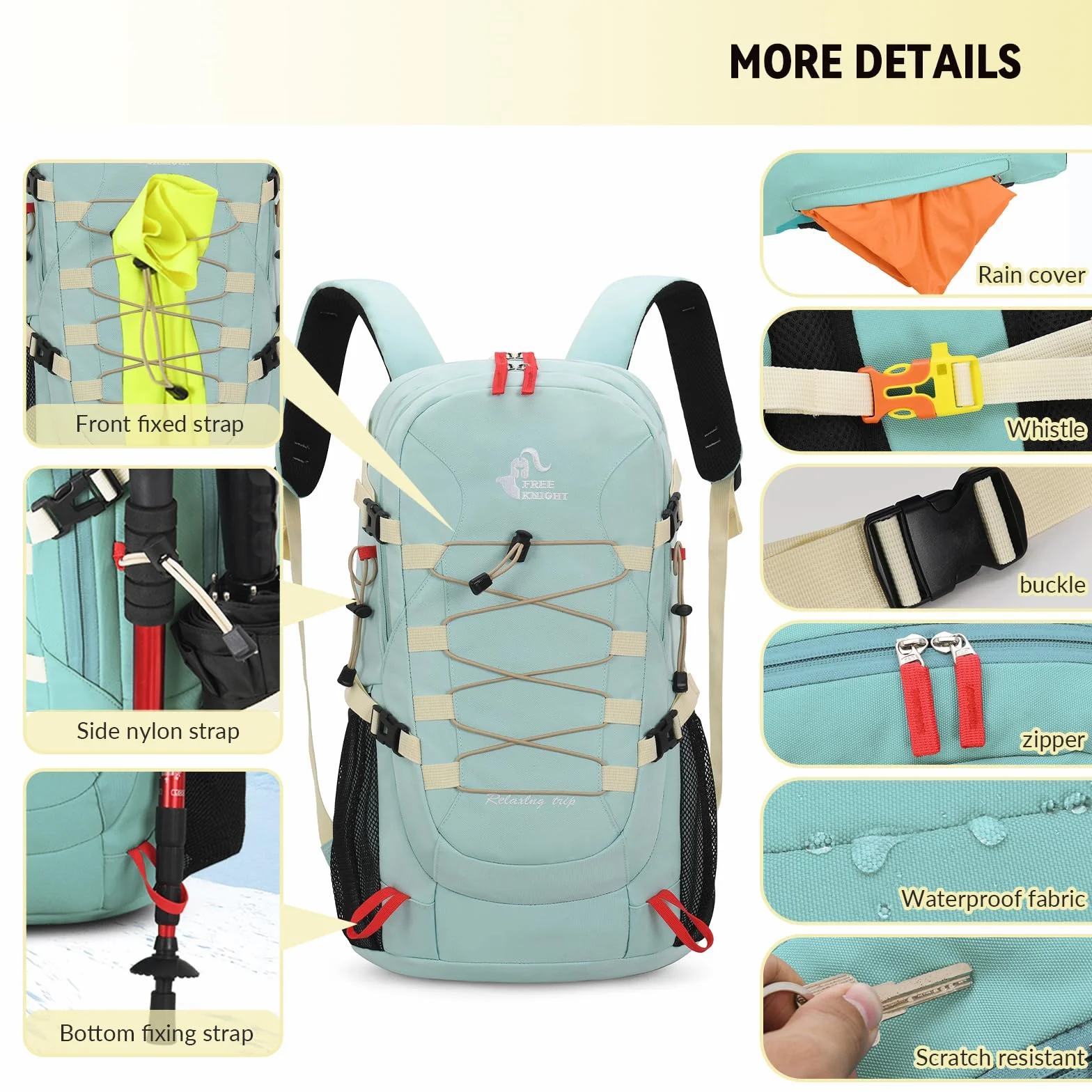 Bseash 40L Leichter wasserdichter Wanderrucksack mit Regenschutz, Outdoor Sport Reise Tagesrucksack Multifunktions Reisetasche für Camping Klettern Skifahren Radfahren (Milch Grün)