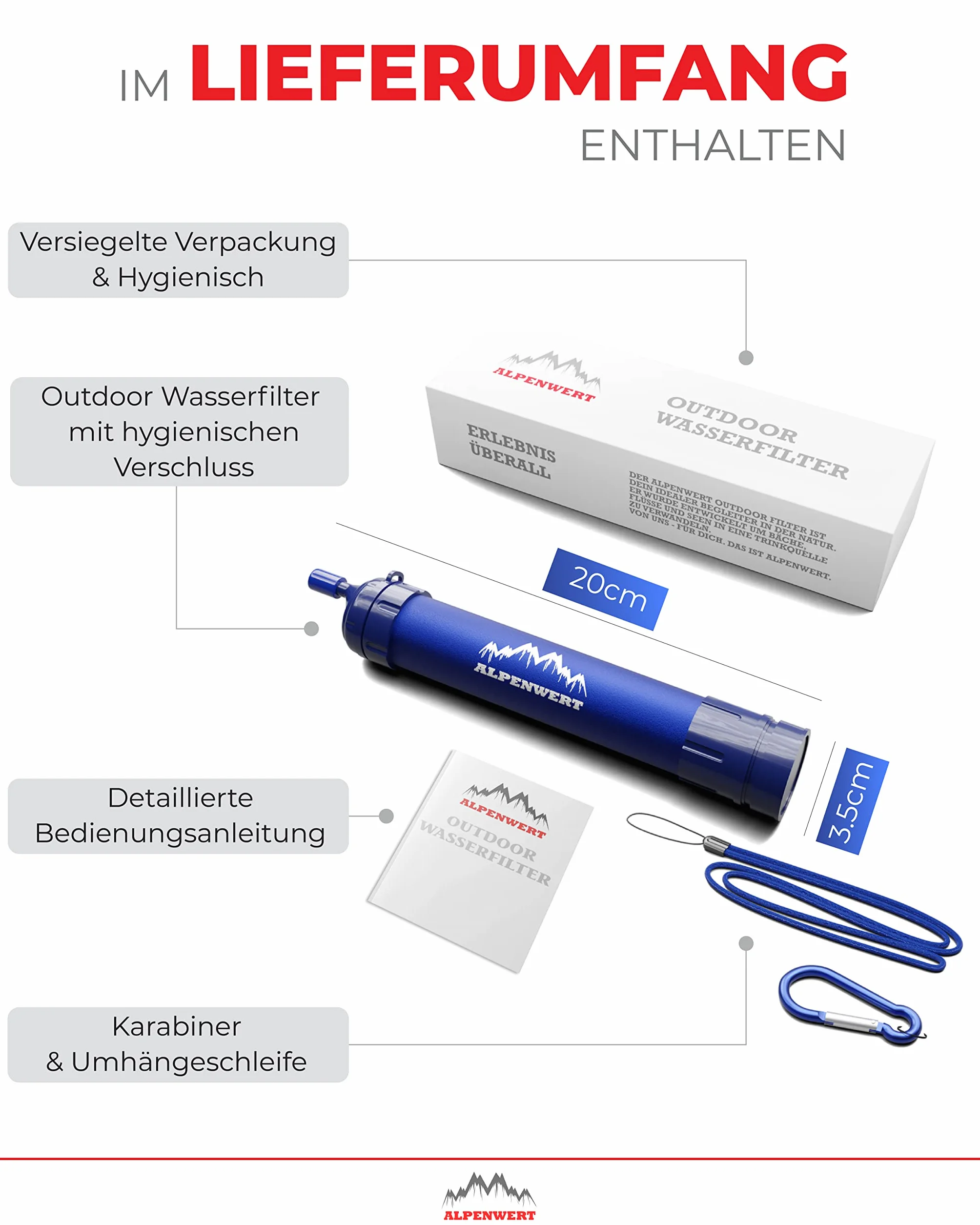 ALPENWERT Wasserfilter Outdoor Doppelpack - Trinkwasserfilter für 4000 Liter gefiltertes Wasser - Trinkwasseraufbereitung die 99,99% aller Keime und Bakterien abtötet