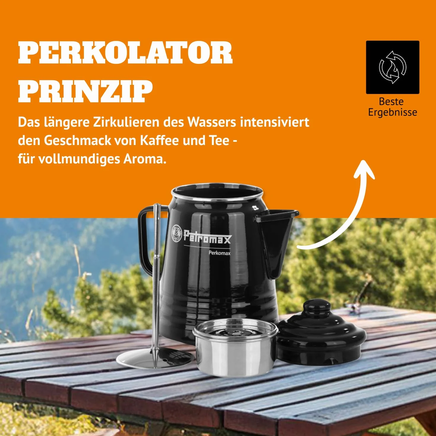 Petromax Perkomax Perkolator, Kaffee & Teekanne, emailliert, 9 Tassen, für Camping & Herd - 1,5 Liter schwarz