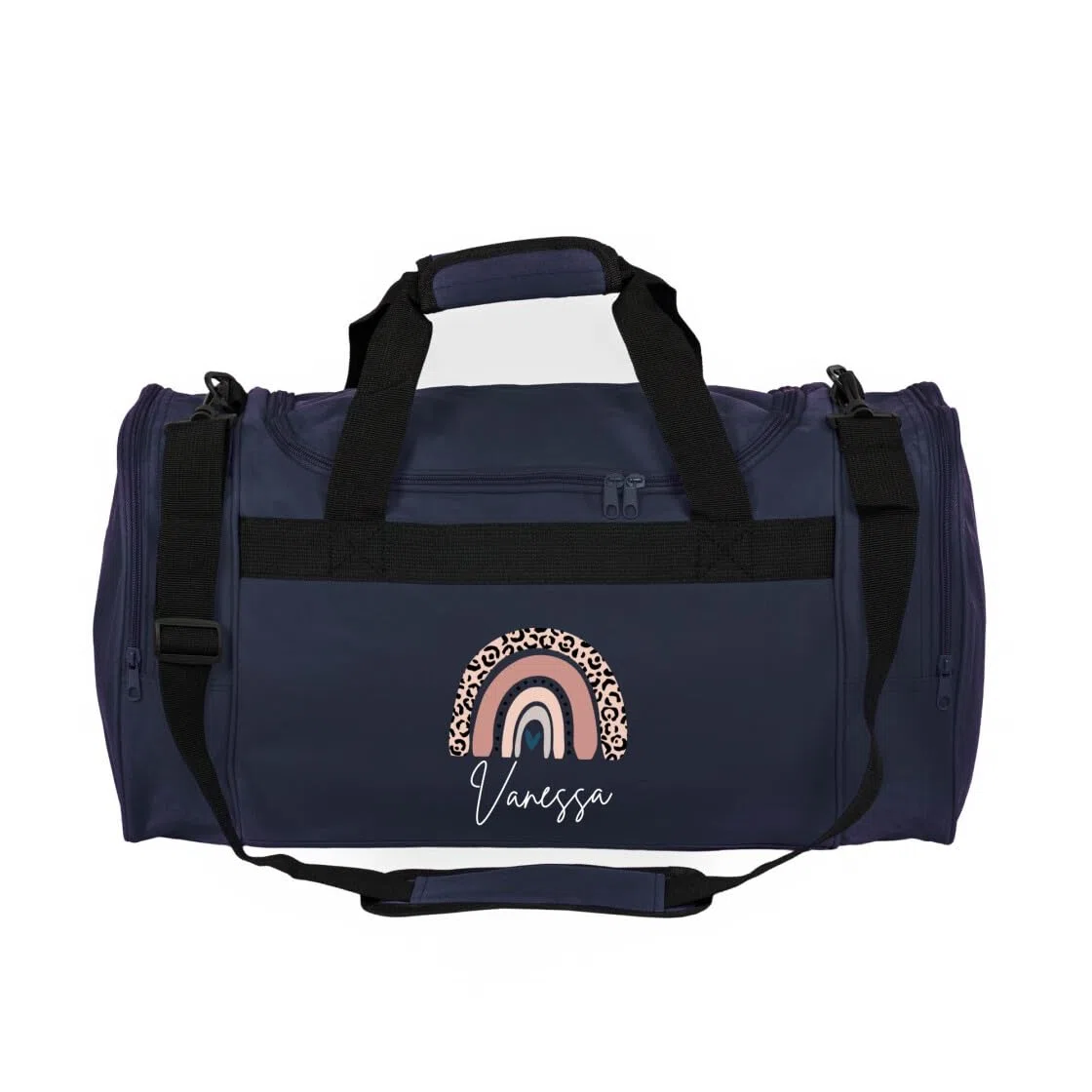 minimutz Kindersporttasche personalisiert Regenbogen, Reisetasche Mädchen groß, Sporttasche Rainbow Leo-Print Kinder mit Name 26L (dunkelblau)
