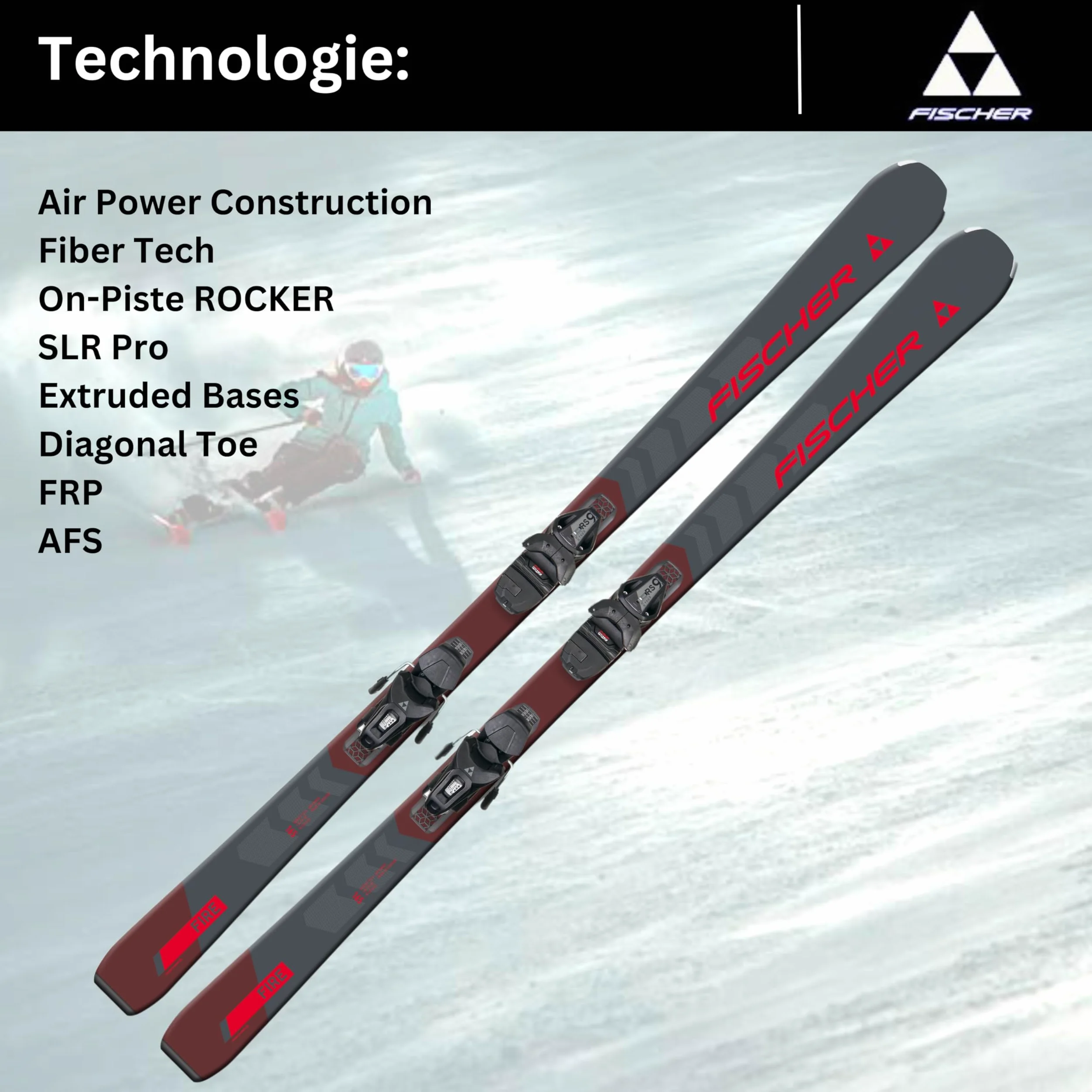 Ski Alpinski Carvingski On-Piste-Rocker - Fischer RC Fire SLR - inkl. Bindung RS9 SLR Z2,5-9 - All Mountain Ski - geeignet für Einsteiger bis Fortgeschrittene