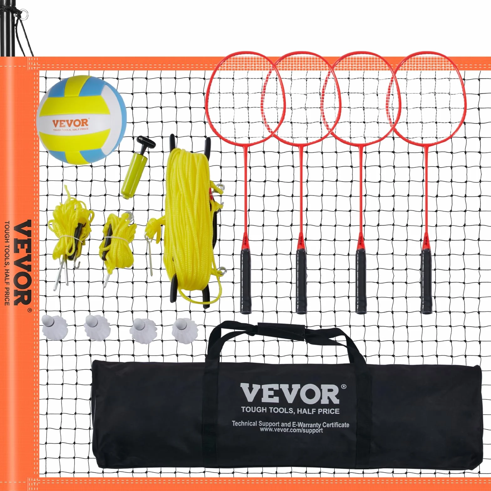 VEVOR Volleyballnetz Höhenverstellbares Badmintonnetz, 91,44 x 970 cm Tragbarer Beachvolleyball-Netz, Orange Volleyballnetz Faltbare Volleyballnetz mit Volleyball & Tragetasche & Badmintonschläger