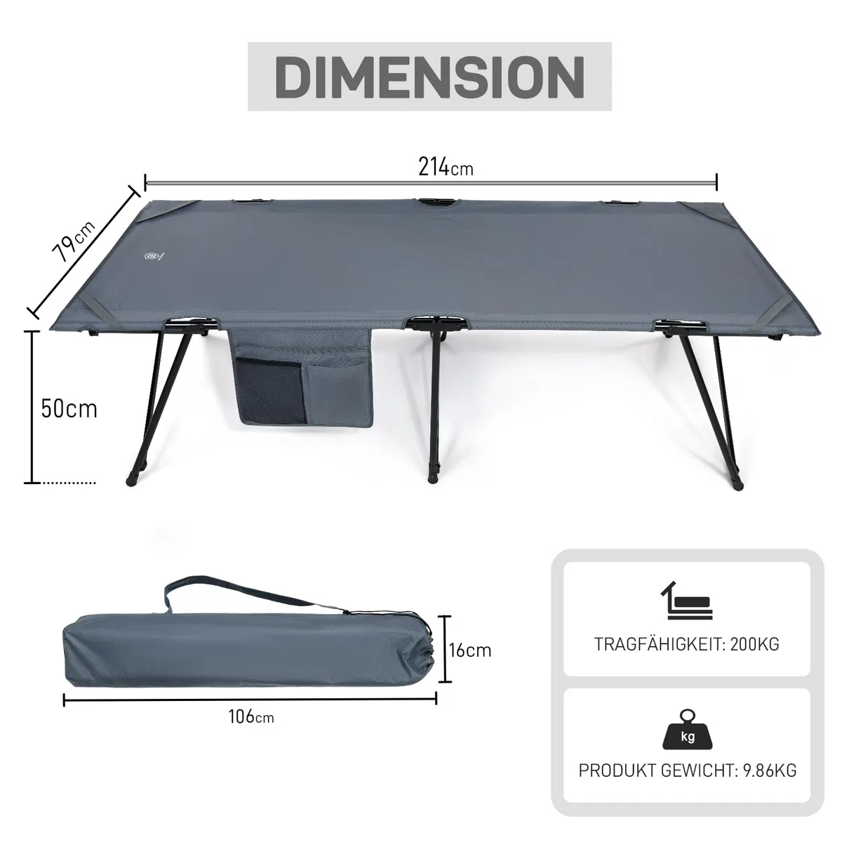 EVER ADVANCED Feldbett Klappbar XXL Campingbett 200KG Belastbar Klappbett 214 x 79 x 50 cm, Breite Feldbett mit Seitentasche, Stabil & Tragbar für Camping Reisen Garten Outdoor und Indoor