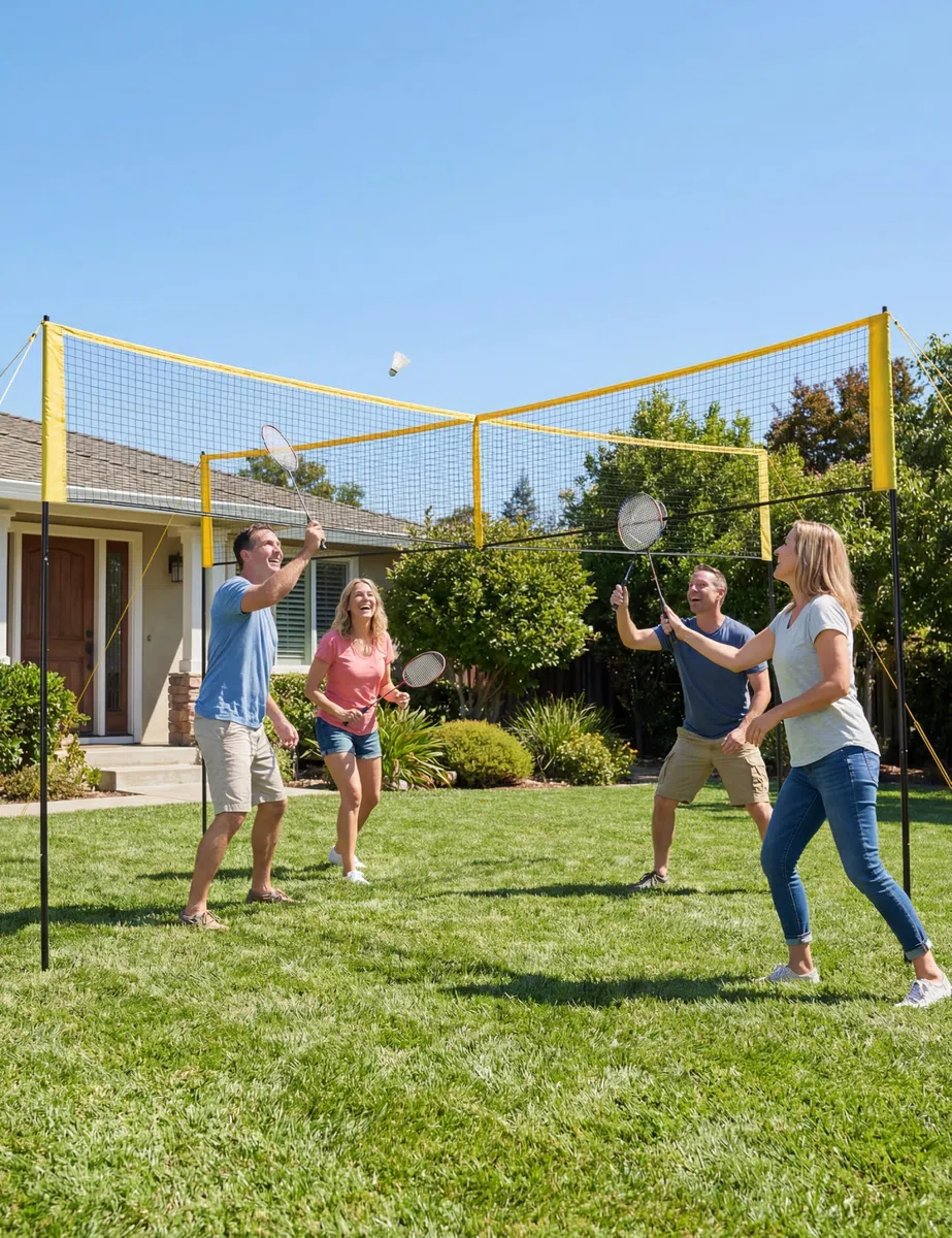 Aptliton Volleyballnetz Kreuz 4 Quadrate 4 Wege Größe 335 x 335 x 213 cm, 3 verstellbare Höhen, komplettes Kit mit Ball, Pumpe, Hammer und Tragetasche, wasserdichtes PE-Netz Anti-UV für Strand