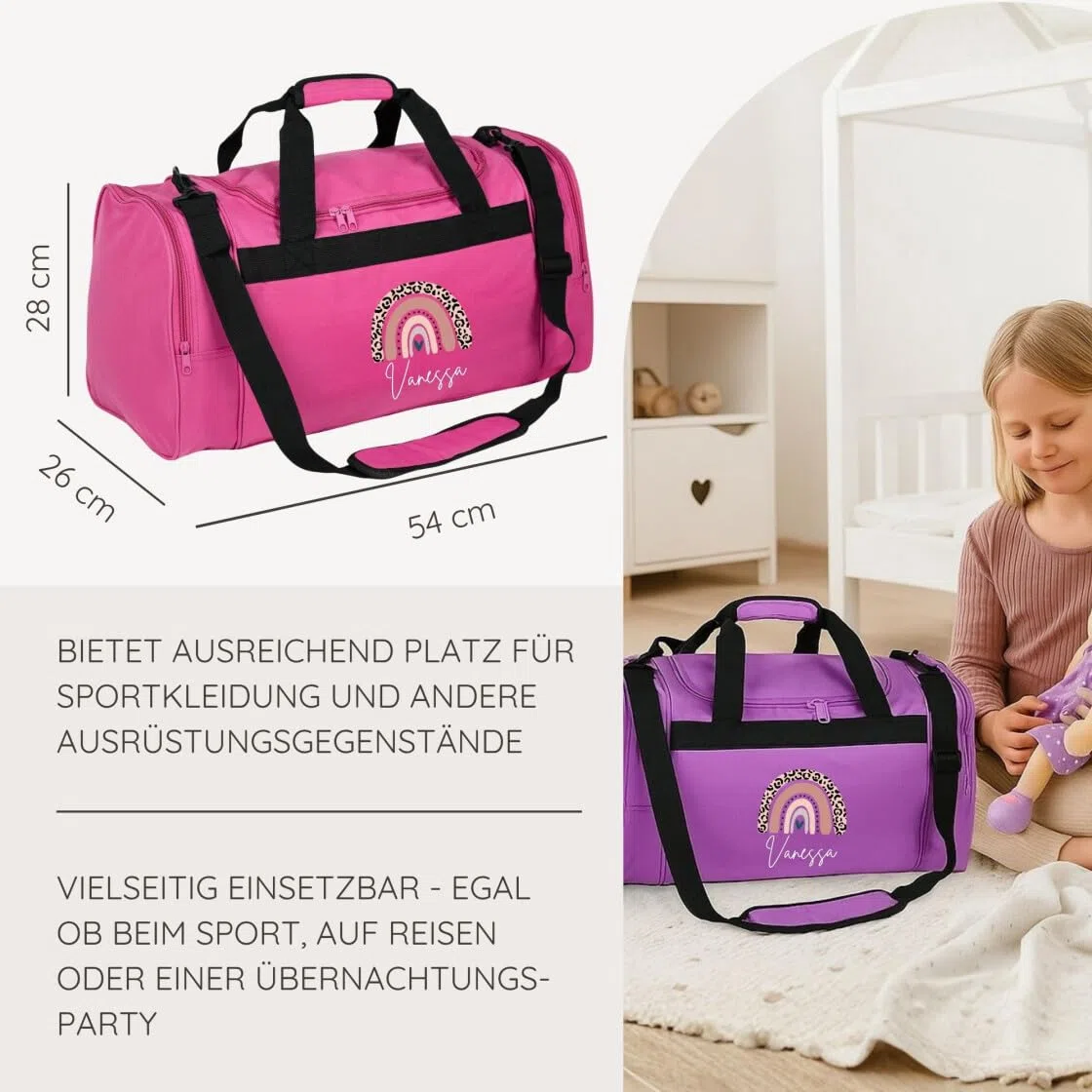 minimutz Kindersporttasche personalisiert Regenbogen, Reisetasche Mädchen groß, Sporttasche Rainbow Leo-Print Kinder mit Name 26L (dunkelblau)