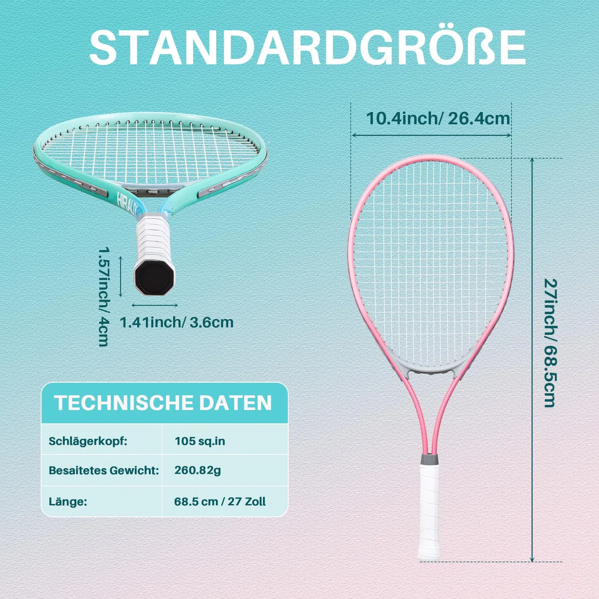 HIRALIY Tennisschläger-Set für Erwachsene, 68,6 cm, vorbespannte Tennisschläger für 2 Spieler, 2 Overgrip-Bänder, 3 Bälle und 1 Tragetasche, Outdoor-Freizeitsport für Anfänger