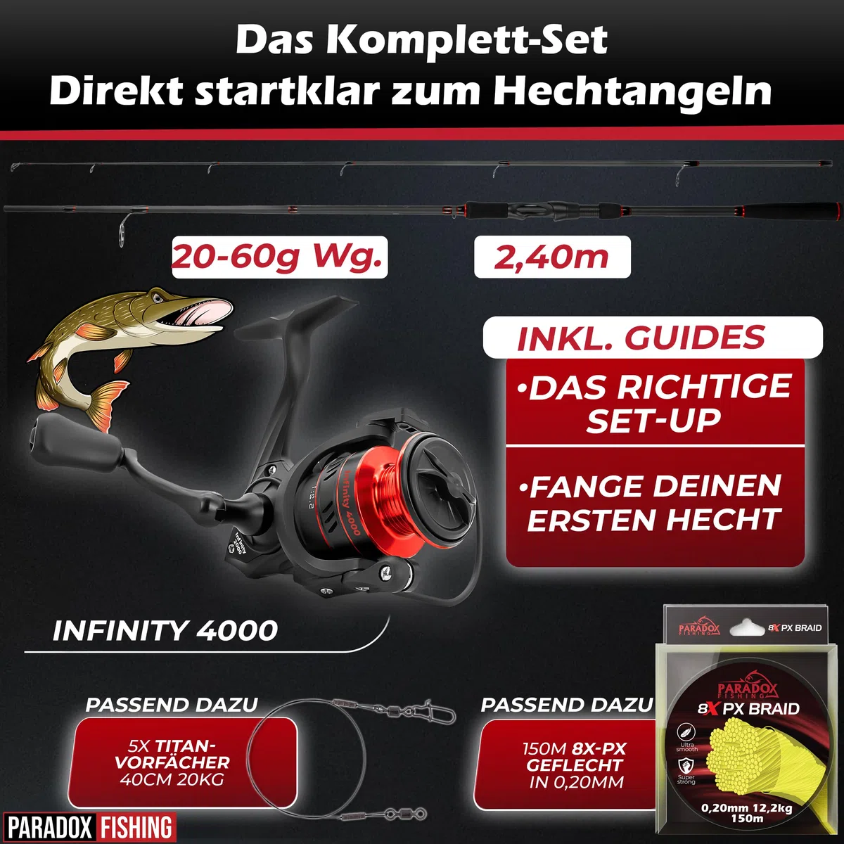 Paradox Fishing Firetiger Spinnrute I 2,1m/2,4m/2,7m I 5-20g/ 15-35g/ 20-60g I Barsch Rute I Zanderrute I Hecht Rute - Spinnruten