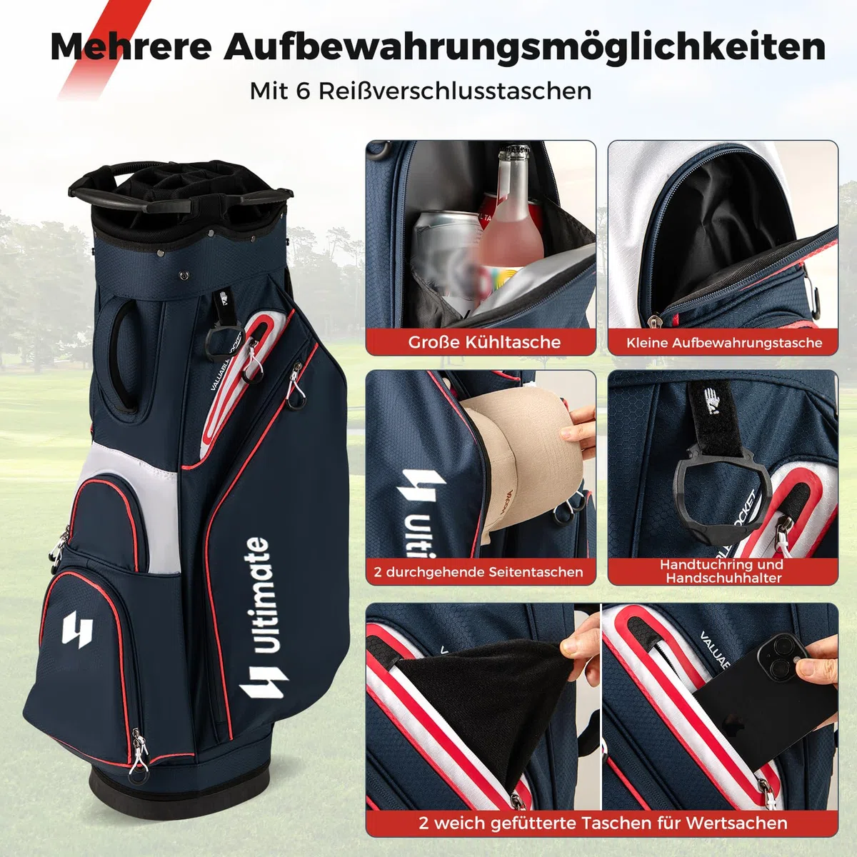 COSTWAY Golfbag, leichtes Golf Cart Bag mit 14 er Unterteilung & Tragegurt, Wasserabweisende Golftasche mit Regenhaube, Golfwagentasche tragbar für Herren & Damen