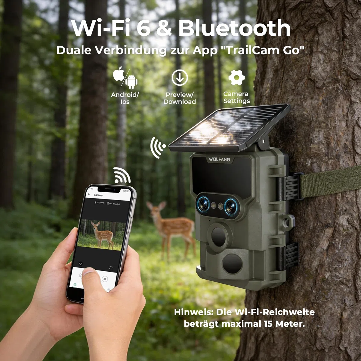 WOLFANG Wildkamera, 64 MP WLAN mit Handyübertragung-App, 4K Doppellinse Video Wildtierkamera mit Bewegungsmelder, Sternenlicht-Nachtsichtgerät, 64GB TF& 5000 mAh-Batterien 0,1 s Auslösezeit, IP66