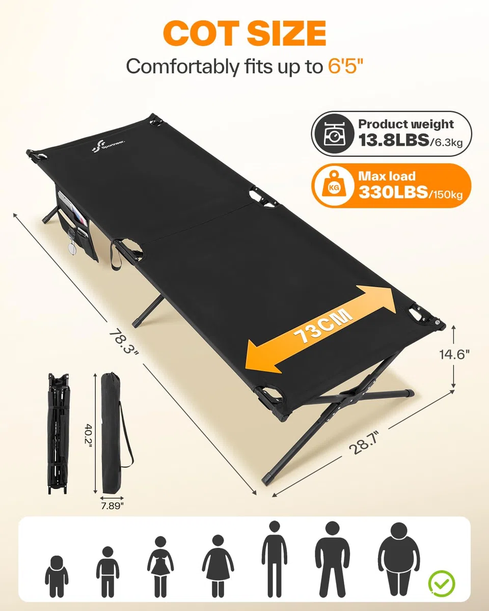Sportneer Feldbett Klappbett 199*73cm, Feldbett Klappbar Campingbett Aktualisierte Version, Gästebett Klappbar Feldbett xxl für Zelten Wandern Outdoor Wanderung, Reisen, Strand, Outdoor Garten Innen