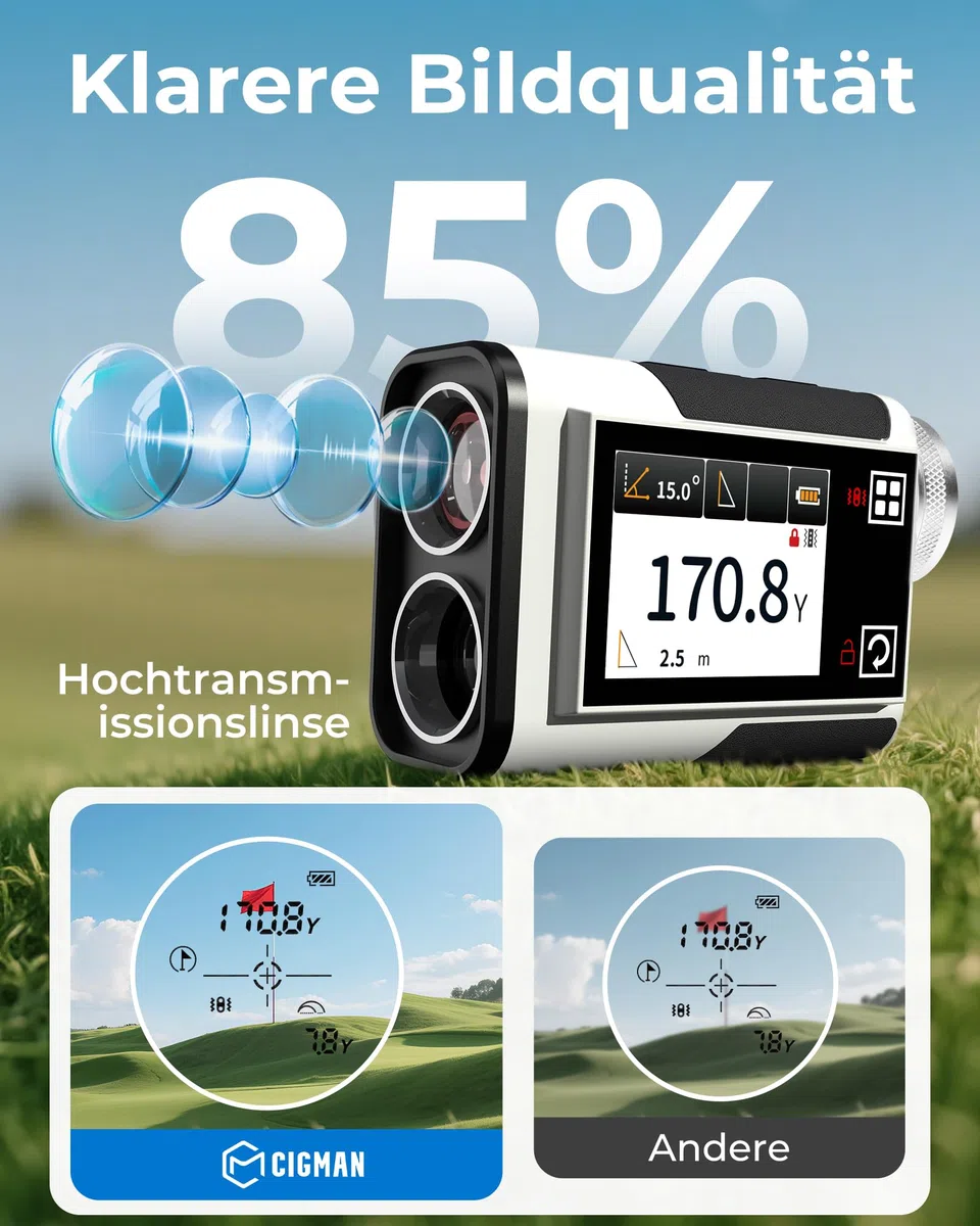 CIGMAN 1312Y Laser-Golf-Entfernungsmesser mit seitlichem Touchscreen, Neigungskompensation, 6-fache Vergrößerung, ±1Y Genauigkeit, Magnetstreifen, externes Farbdisplay, Flaggensperre, ±1 m Genauigkeit