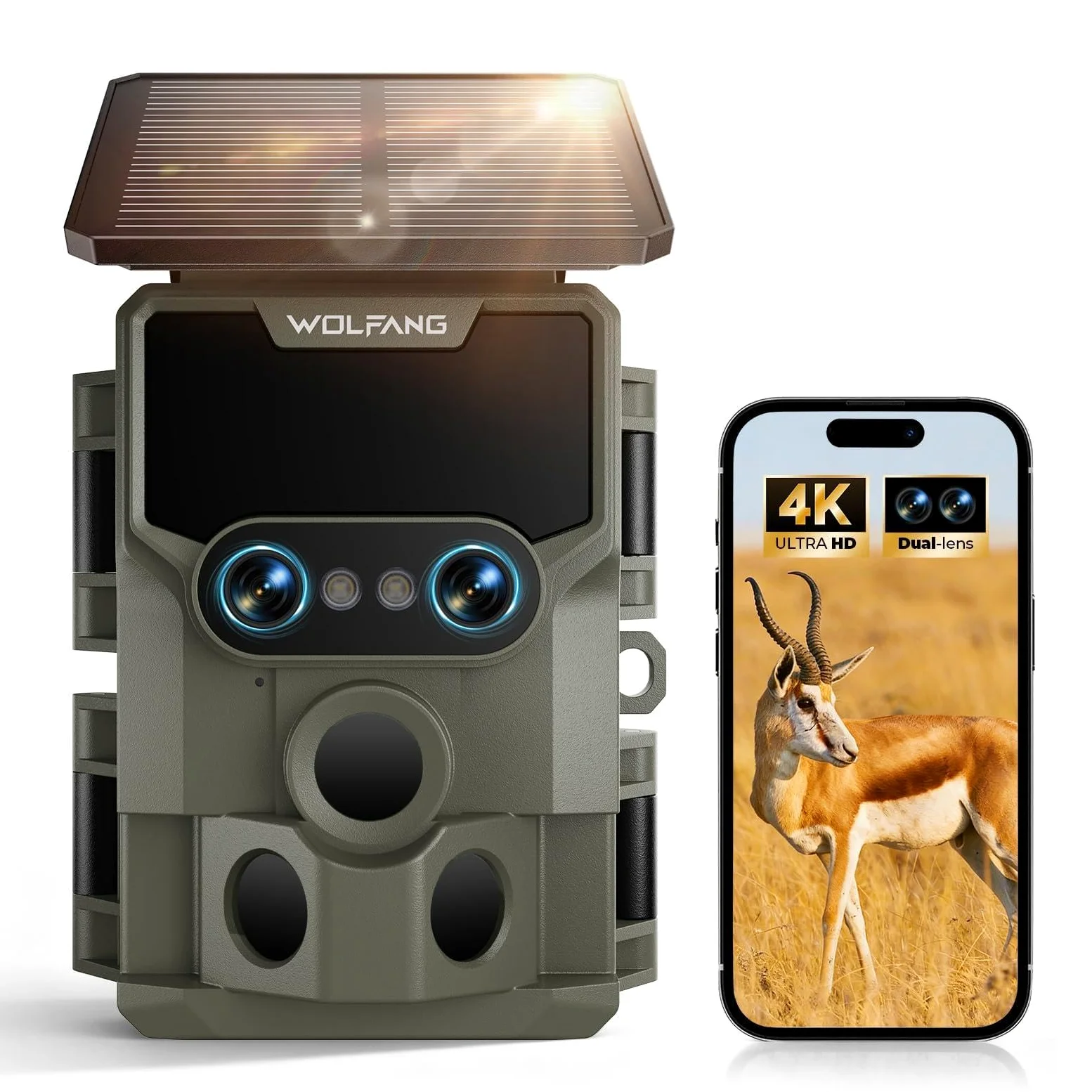 WOLFANG Wildkamera, 64 MP WLAN mit Handyübertragung-App, 4K Doppellinse Video Wildtierkamera mit Bewegungsmelder, Sternenlicht-Nachtsichtgerät, 64GB TF& 5000 mAh-Batterien 0,1 s Auslösezeit, IP66