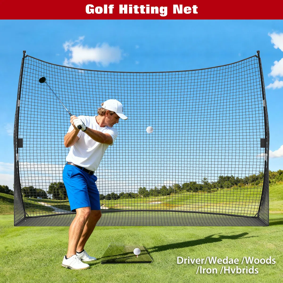 Aptliton Tragbares Golftrainingsnetz, 305 x 93 x 217 cm, Schwarz, Schlagnetz aus Eisen und robustem PE-Netz, einfache Montage für drinnen und draußen, Swing-Training