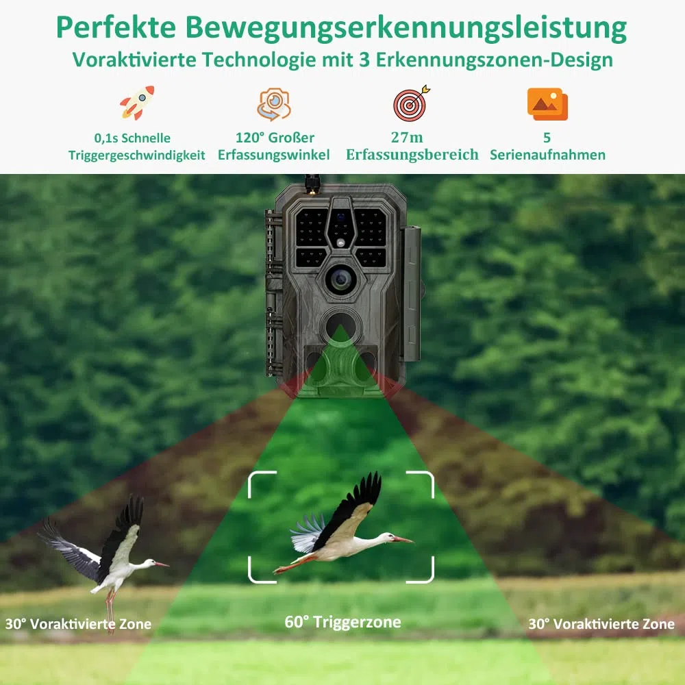GardePro E8 Wildkamera WLAN mit 64 GB SD-Karte, 64MP H.264 1296P Video, 27m Infrarot Nachtsicht Bewegungsmelder Wildtierkamera WiFi Handyübertragung, 0,1s Schnelle Trigger, IP66
