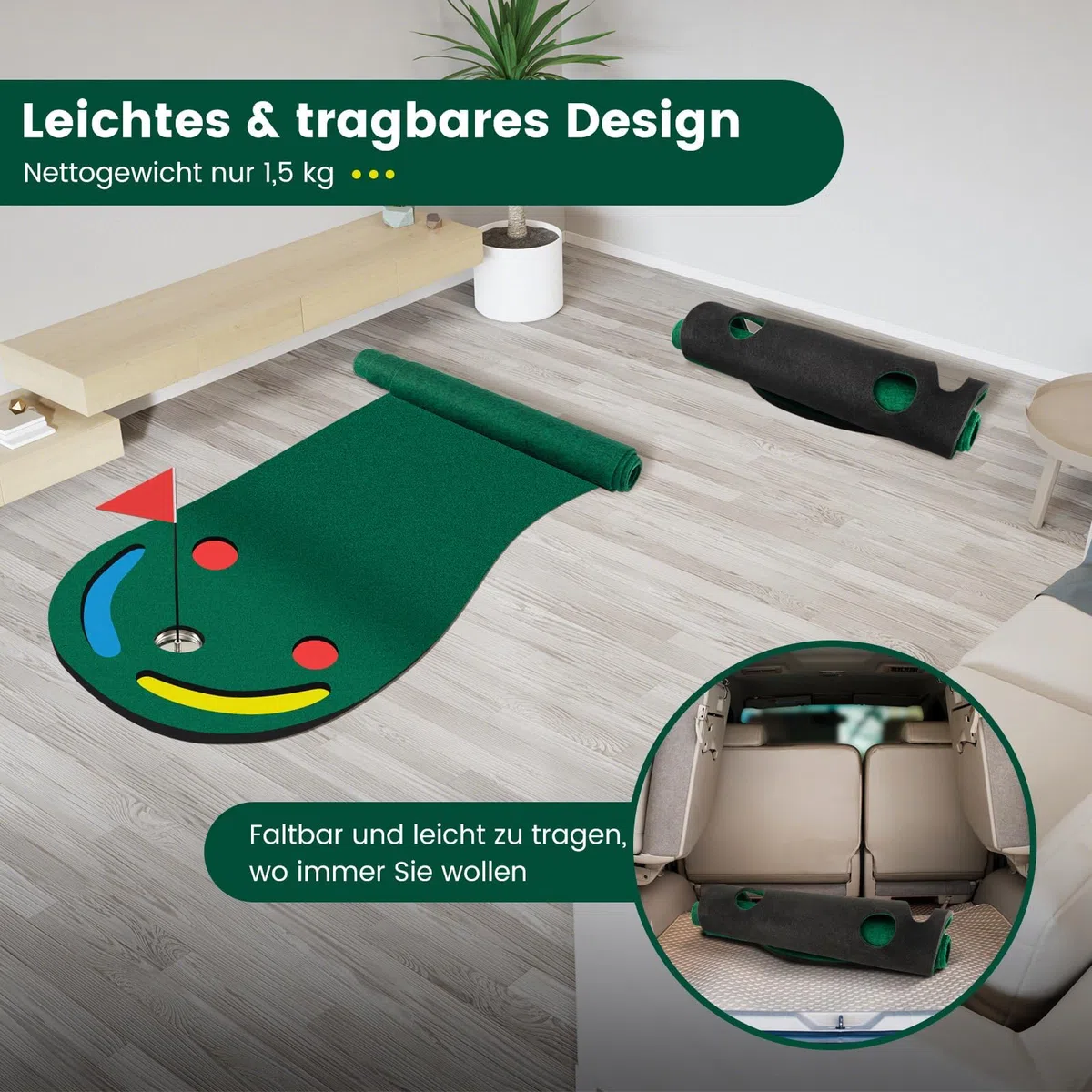 COSTWAY 300 x 96cm Golf Puttingmatte, Putting Green für Indoor & Outdoor, Golfmatte faltbar mit 3 Putting Cups & 1 Fahne, Golf Übungsmatte Trainingsmatte für Zuhause, Büro