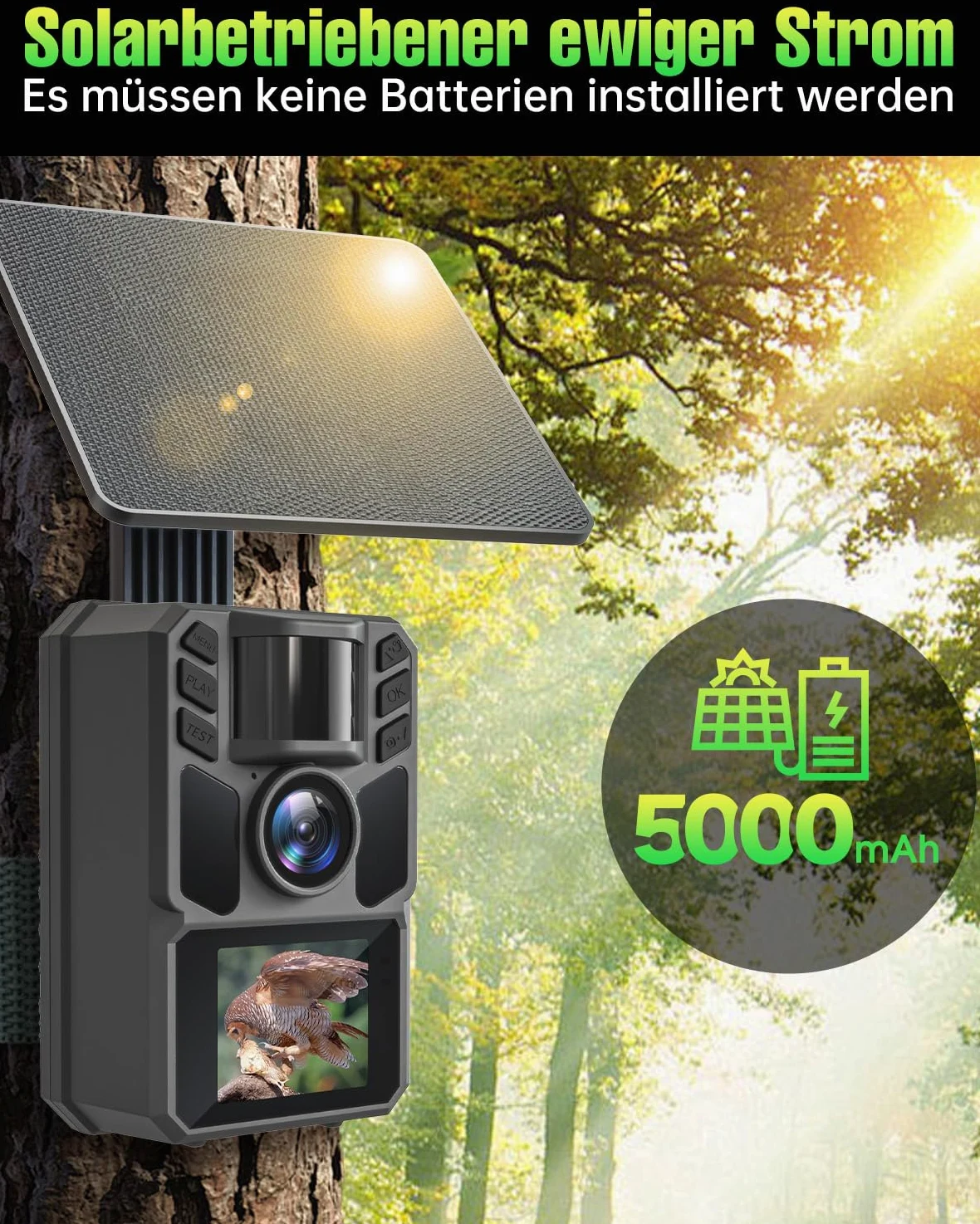 4K 64MP Wildkamera Solar, Eingebaute 5000mAh Lithium-Batterie, 0.2s Auslöser Bewegungsaktiviert, Wildtierkamera mit Nachtsicht, IP67 Wasserdicht, 120° Weitwinkel