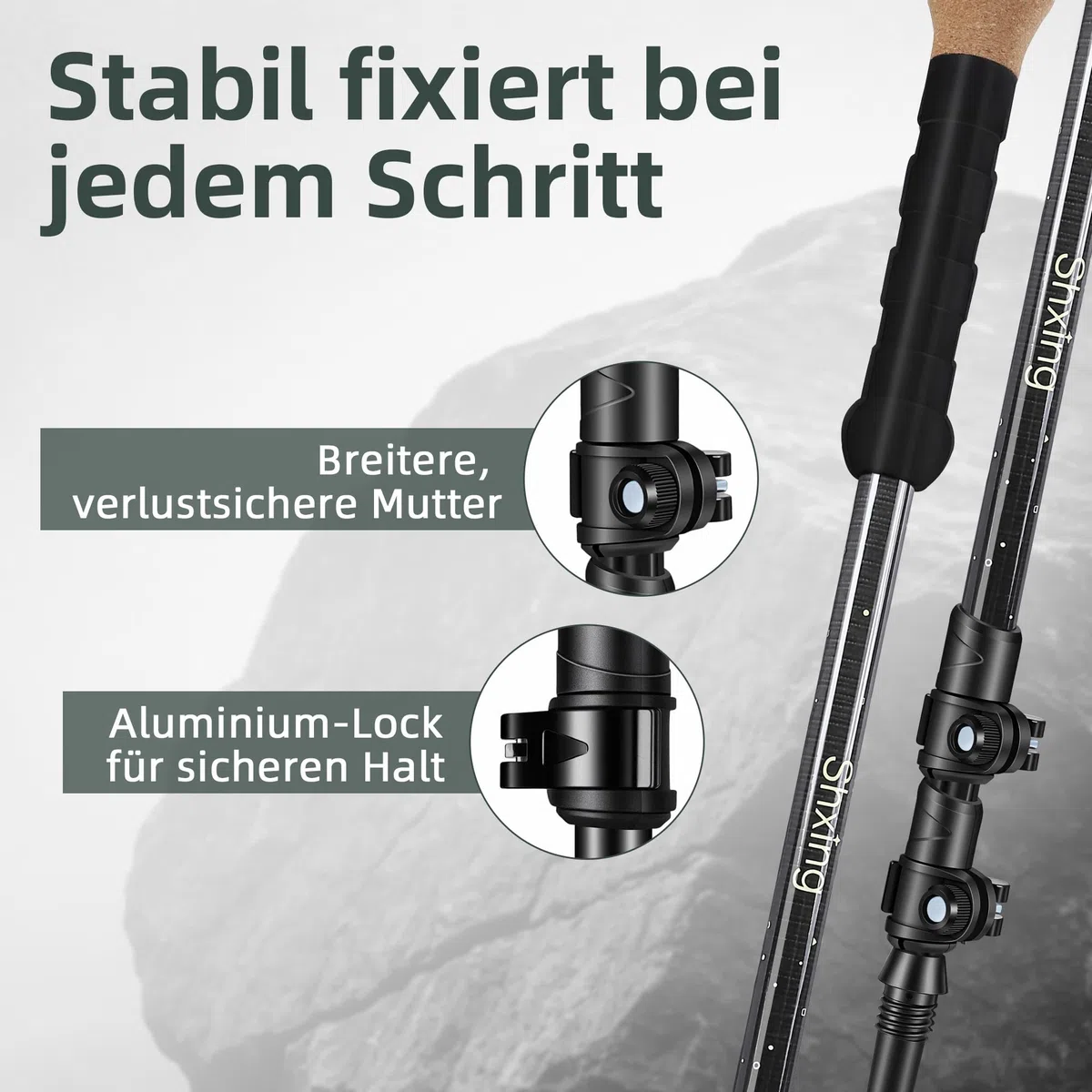 Teleskop-Wanderstöcke Carbon 2er Set, 200 g pro Stock, Schwarz | 62–135 cm verstellbar, Korkgriff mit EVA, Alu-Verschluss, Tasche & 10 Zubehörteile, für Wandern & Trekking