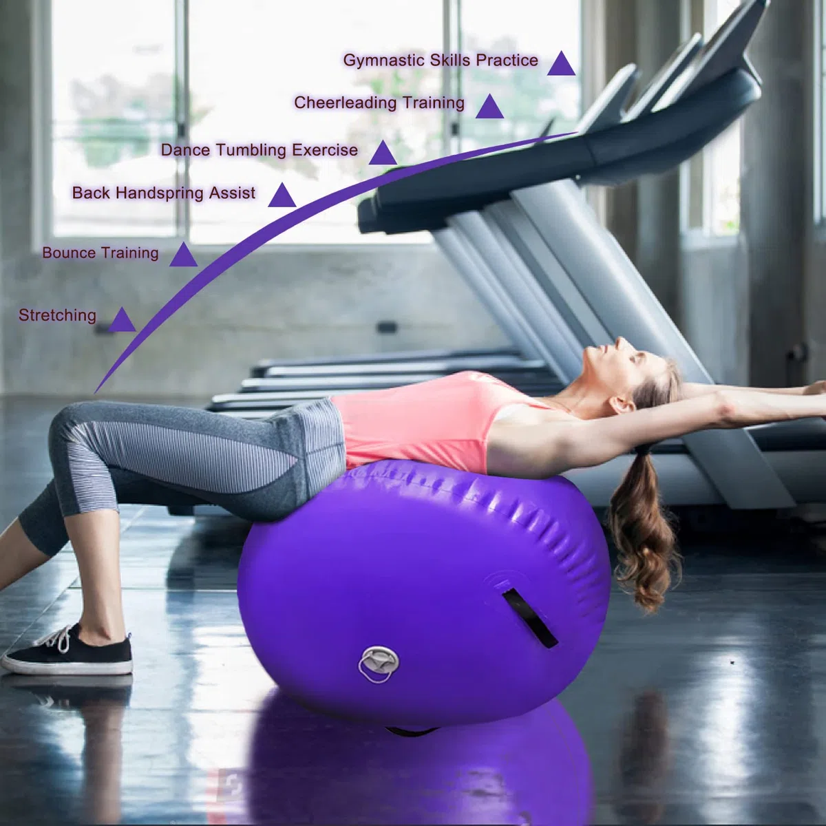 Air Rolle Turnen Aufblasbare Gymnastik Training Zylinder Tumbling Rolle Air Barrel Yoga Roll mit Pumpe(Violett,100x60cm)