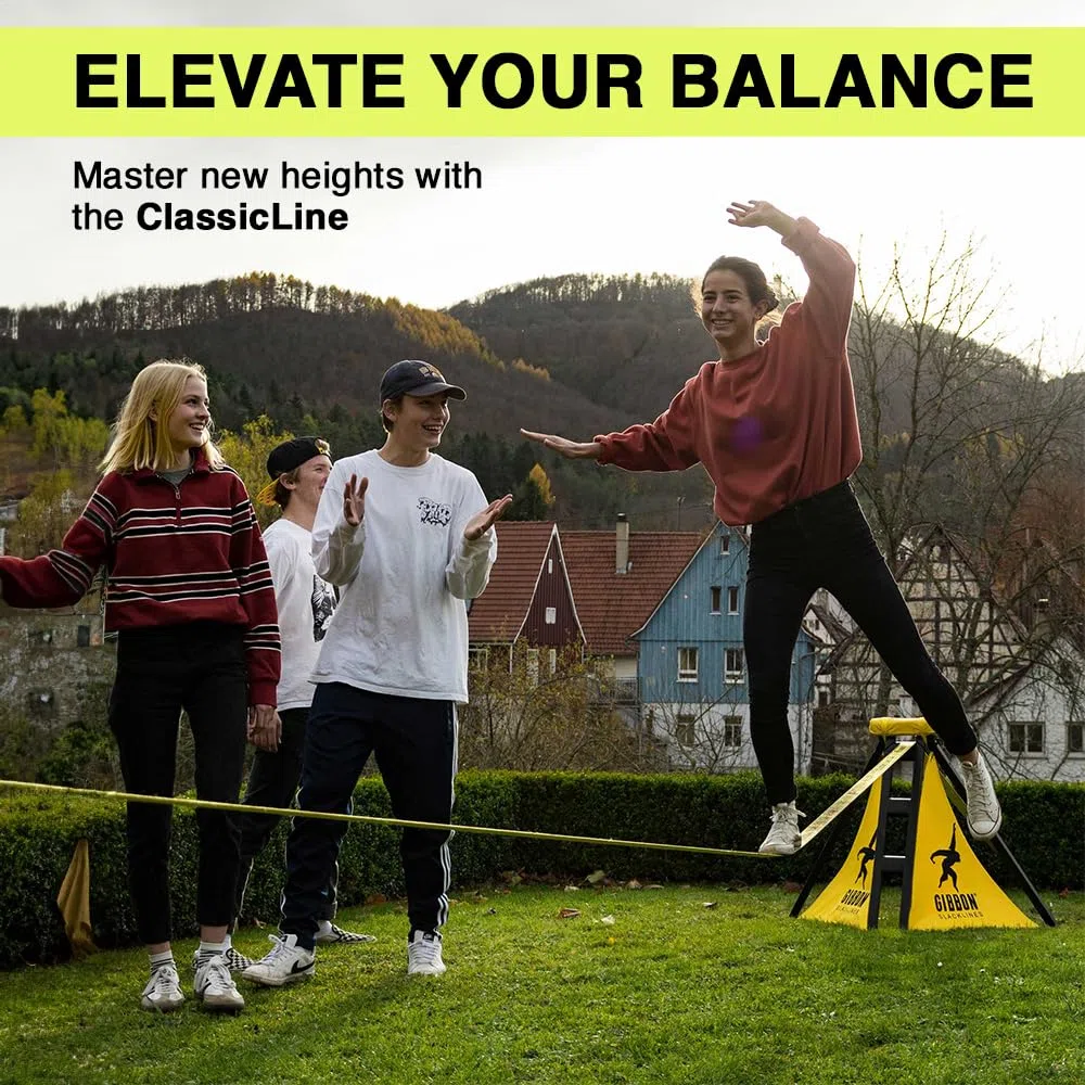 Gibbon Slacklines IndependenceKit Classic für Slacklinen ohne Bäume - Witterungsbeständig, Balance und Spaß mit Trampolin-Effekt, inkl. Slackframes, Bodenschrauben und Anleitungen