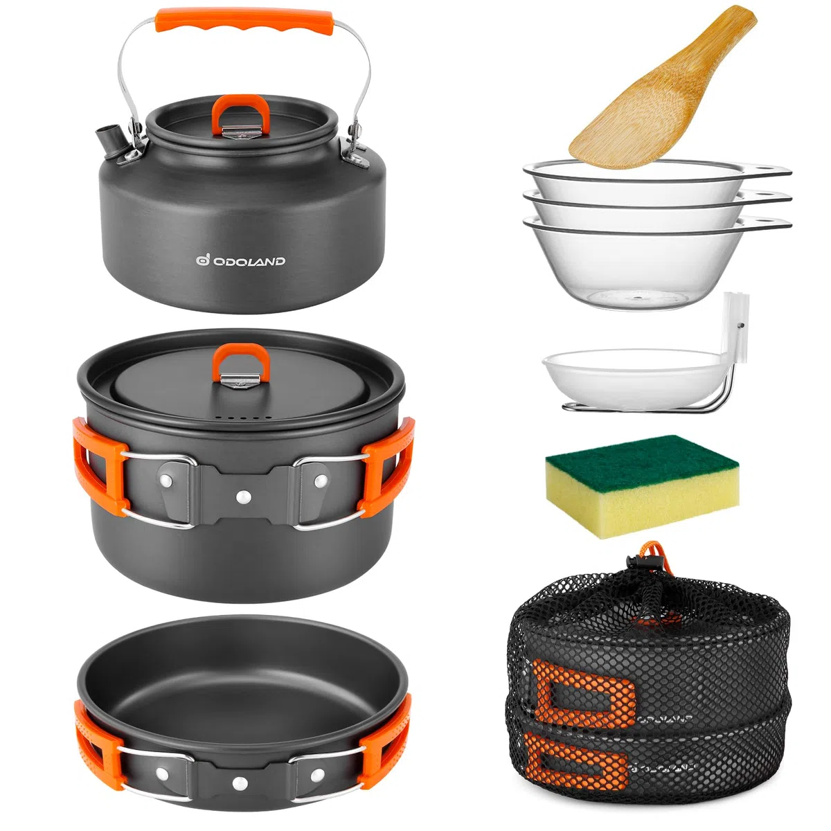 Odoland Camping Kochgeschirr Set, 10 Teilige Outdoor Geschirr Set mit Camping Topf, Camping Bratpfanne und Teekannen für Camping Outdoor Kochen Wandern Reisen