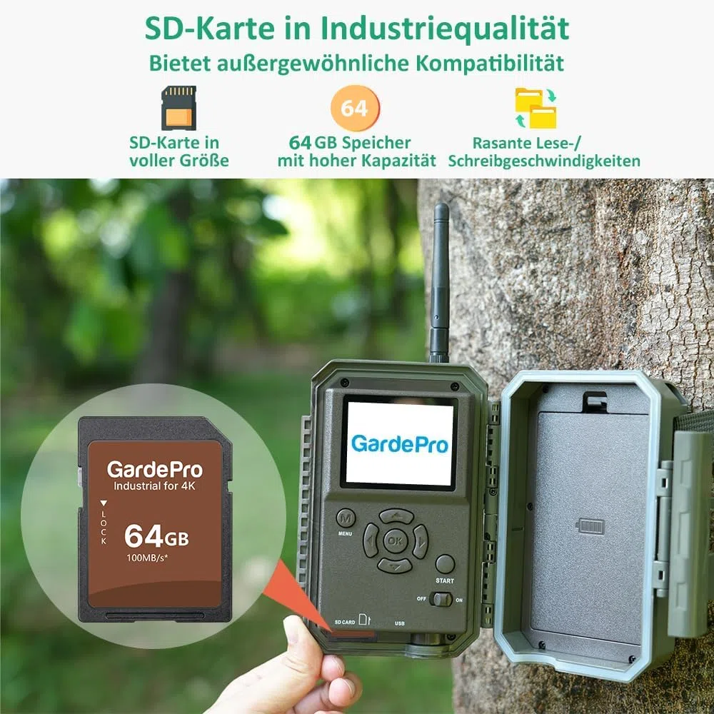GardePro E8 Wildkamera WLAN mit 64 GB SD-Karte, 64MP H.264 1296P Video, 27m Infrarot Nachtsicht Bewegungsmelder Wildtierkamera WiFi Handyübertragung, 0,1s Schnelle Trigger, IP66