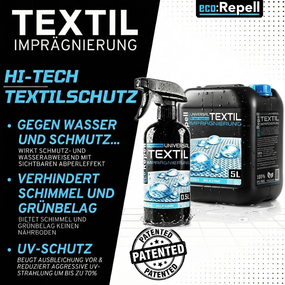eco:Repell 5,5L UNI Zelt Pavillon Markise Textil Imprägnierspray - imprägnierung für Textilien wie Polster Möbel Sofa Cabrio Verdeck Autopolster PFC-Frei