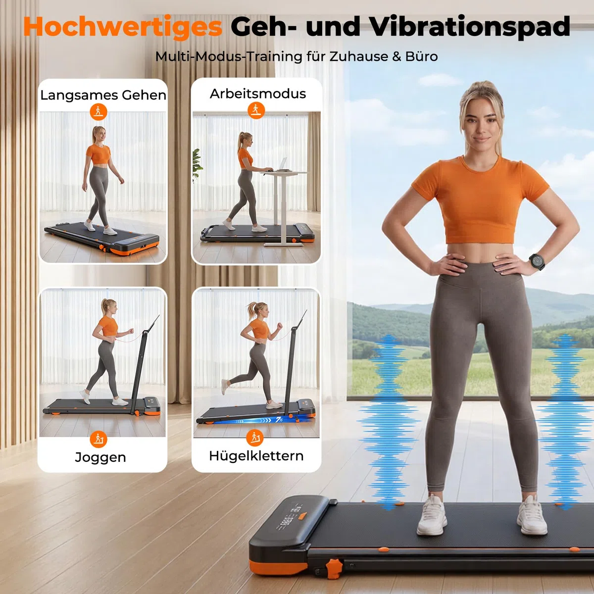 Laufband für Zuhause mit 5 Reha & 5 Vibrationsstufen, 6 in 1 Klappbares Walking Pad, 7% Steigung, 2,5 PS Motor (<40 dB), 1-10km/h Laufband Schreibtisch, Smart App, Fernbedienung, Schwarz