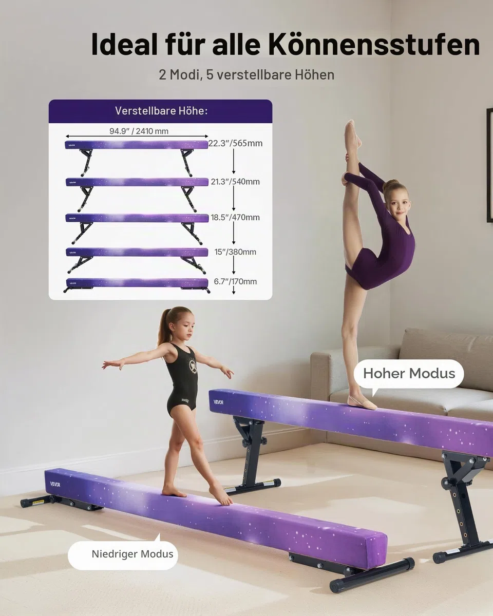 VEVOR Schwebebalken Gymnastik Kinder 241 cm Höhenverstellbar (5-stufig/170/380470/540/565mm), 158,7 kg belastbarer Gymnastikbalken Turnbalken, Balance Balken Balancierbalken für Fitnessstudio