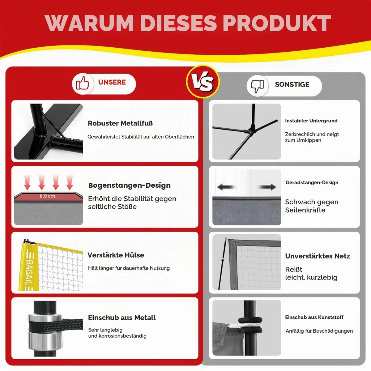 BAGAIL Volleyballnetz, 3.6m/6.1m Volleyballnetz für den Garten - Verstellbare Höhe, Heavy-Duty-Rahmen, Freistehendes Design - Tragbares Outdoor/Indoor-Volleyball-Set mit Tragetasche