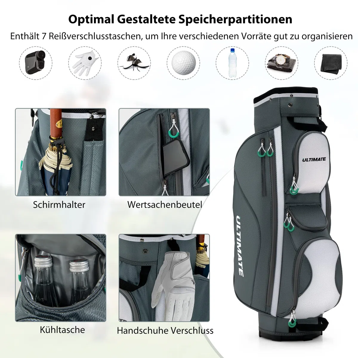 COSTWAY Golfbag, leichtes Golf Cart Bag, mit Regenhaube, 14er Einteilung von Schlägerfach, auch zur Nutzung auf Golf Trolley und Golf Cart, 7/8 Reißverschlusstaschen