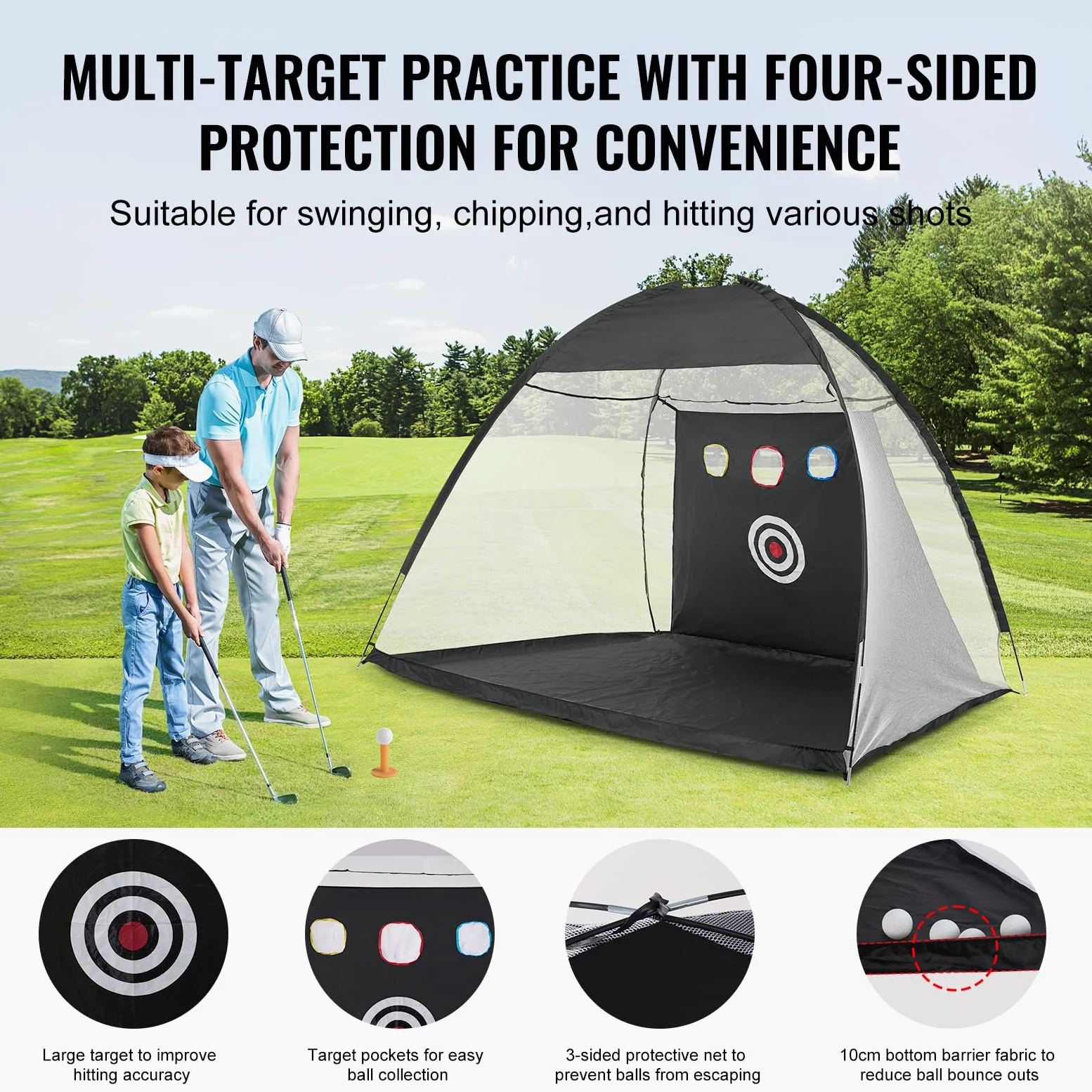 VEVOR Golfnetz, 3 x 2,1 m, All-in-1-Golfübungsnetz, Golfschwungtraining für drinnen und draußen zu Hause, Golfschlaghilfenetz mit Zielscheibe/Rasenmatte/Bällen/Tee/Tragetasche, für Driving- und Chippi