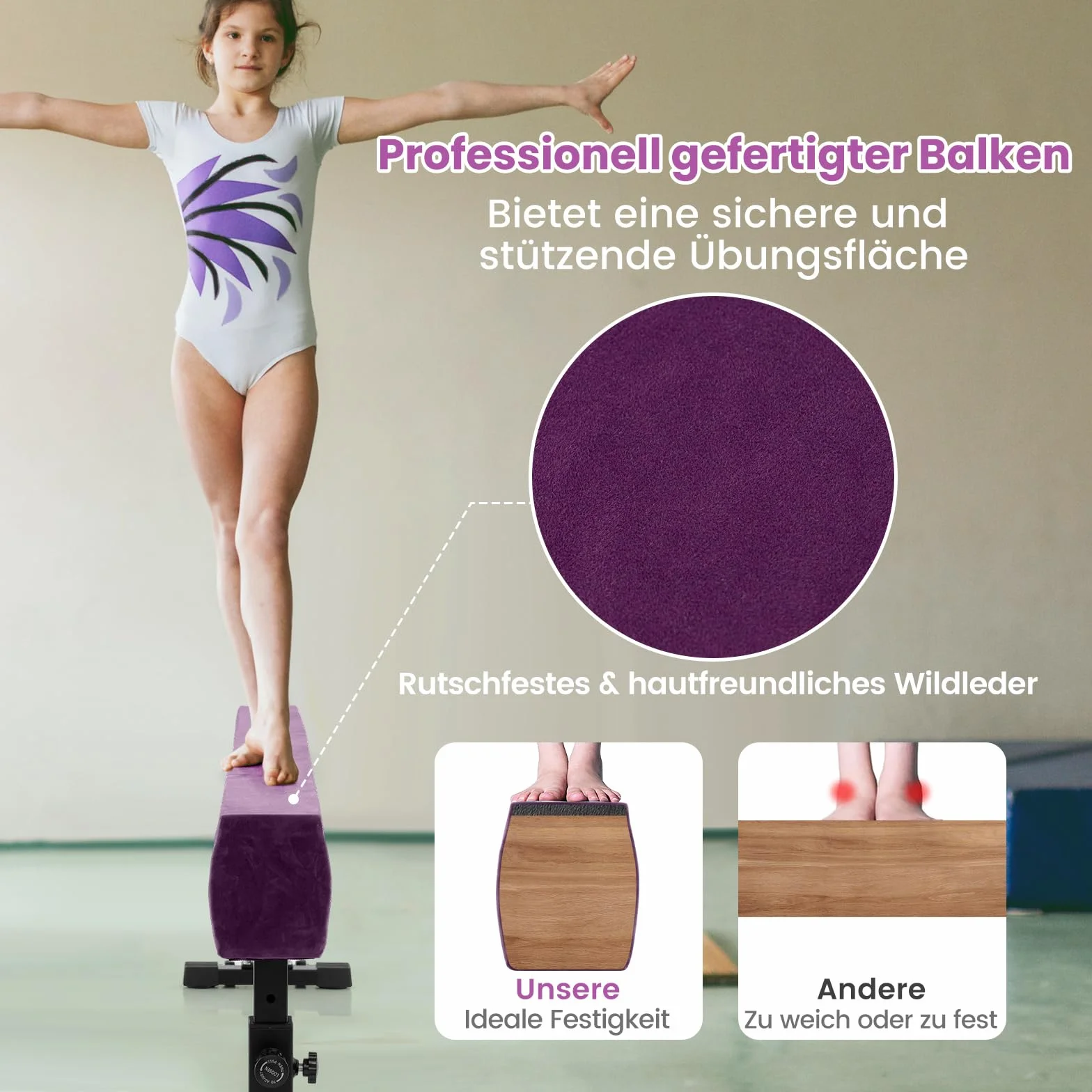 COSTWAY 226 cm Schwebebalken mit 3 Höhen verstellbar, Gymnastikbalken, Heimtrainingsgerät mit robusten Metallbeinen & Rädern, Balancierbalken für Anfänger und Profis (Lila)