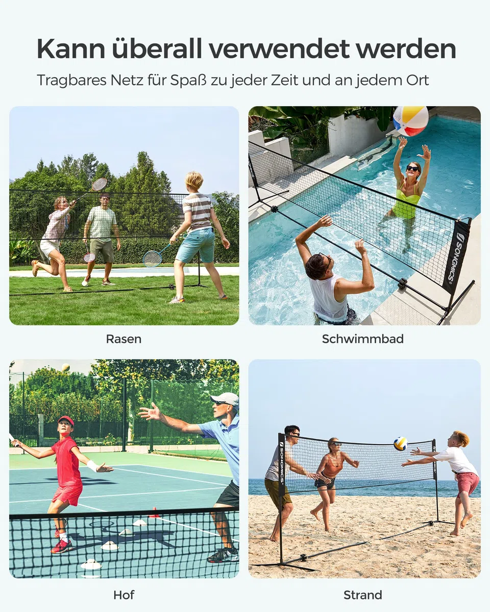 SONGMICS 300 cm/400 cm/500 cm Badmintonnetz, Volleyballnetz, höhenverstellbare Stangen, tragbares Set für Tennis, Beach-Volleyball, für Garten, Park, Outdoor