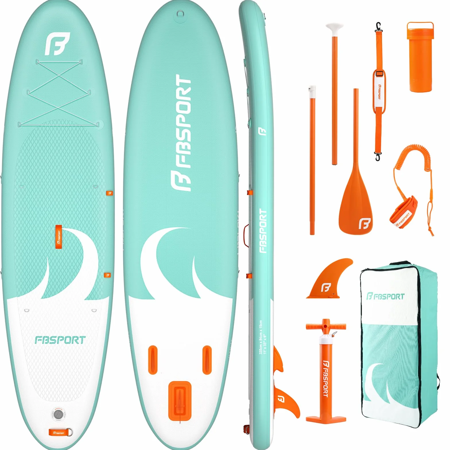 FBSPORT Stand up Paddling Board Surfbrett Surfboard SUP aufblasbar mit Pumpe 335x84x15 cm Tragetasche SUP Zubehör mit rutschfestem Deck, Leine, Paddel, passend für Jugendliche Erwachsene