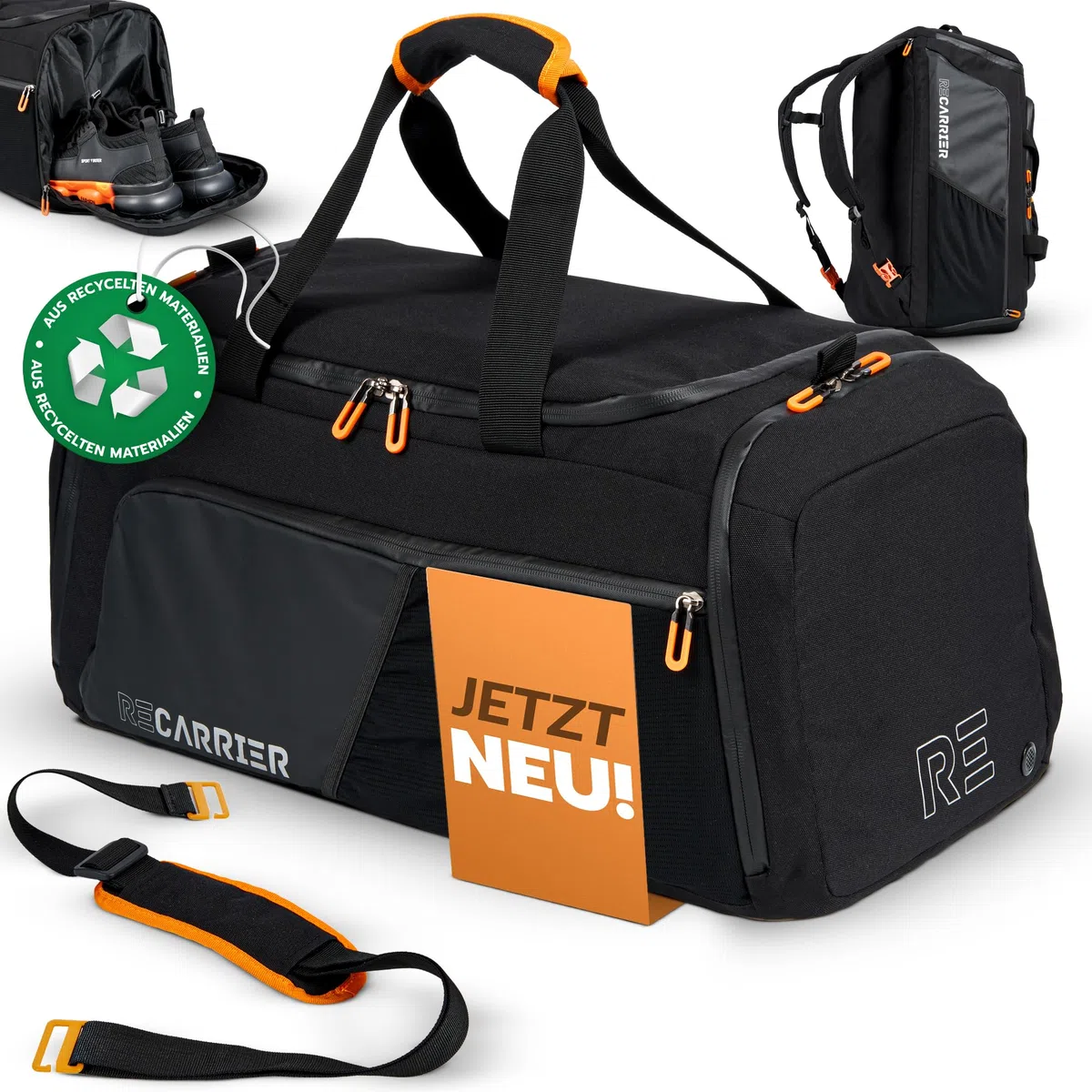 Sporttasche [RECYCELTES PET] 50L – Gym Bag und Rucksack in Einem – wasserdichte Trainingstasche Herren Damen – Sportrucksack mit Schuhfach Fitness, Reisetasche groß