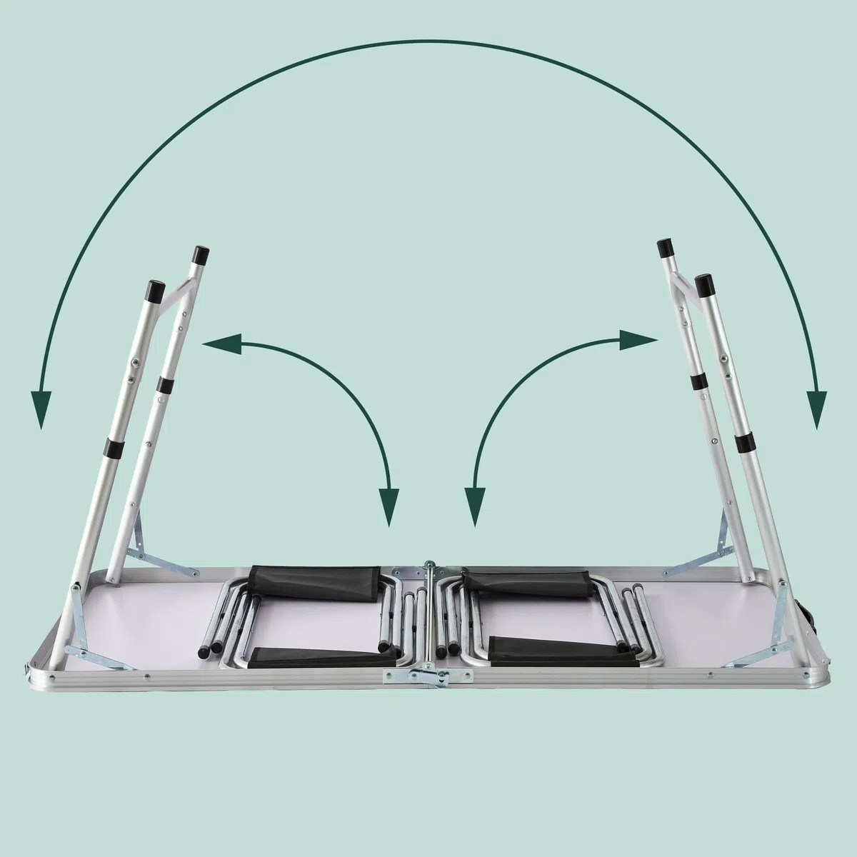 Relaxdays Campingtisch, 4 Sitzhocker, klappbar, höhenverstellbar, mit Tragegriff, Aluminium, MDF, Klapptisch, weiß