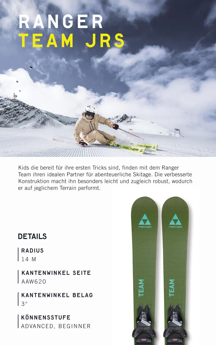 Fischer Kinder Skier Ranger Team JRS 101 cm - Für schnelle Flips und Drehungen, Identische Fahreigenschaften Regular und Fakie, Oliv