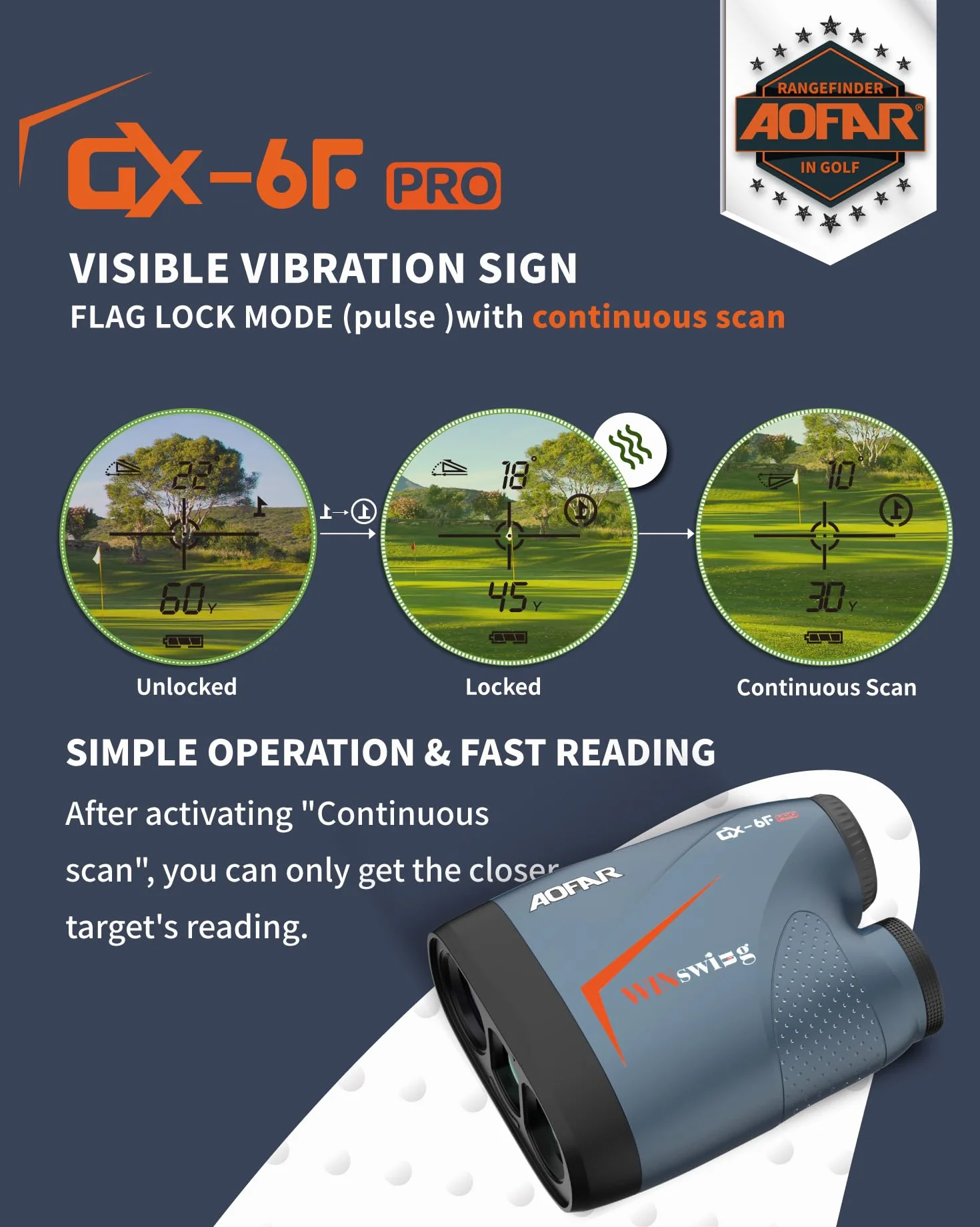 AOFAR GX-6F PRO Golf Laser Entfernungsmesser mit Neigung Geräten, Entfernungsmesser mit Kontinuierlichem Scan, Flaggensperre mit Pulsvibration, Zugelassen für den Wettbewerb, 600Y Hochpräzise Genau