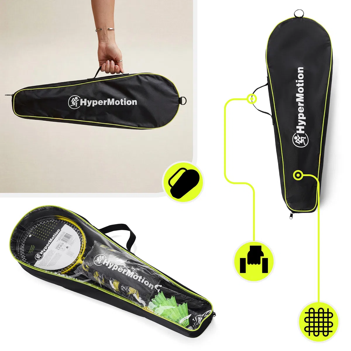 HyperMotion Badminton Set mit 2 Stahlschlägern und Tragetasche aus Oxford-Gewebe, Freizeitspiel für Garten, Park und Strand, Einsteiger