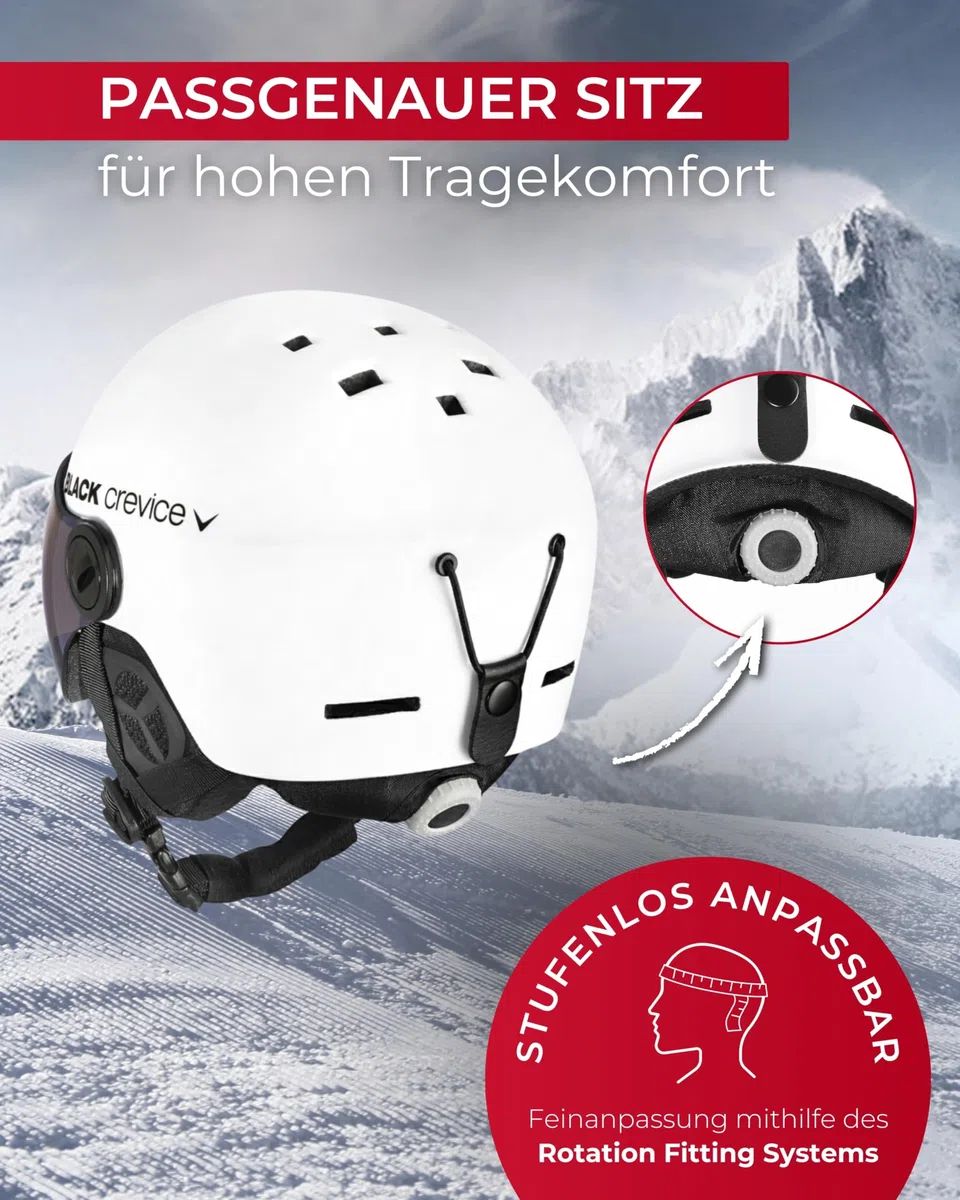 BLACK CREVICE Skihelm Gstaad Mit Visier im Pilotenstyle für Herren & Damen | Aus Polycarbonat | Atmungsaktiv | Größenverstellbar