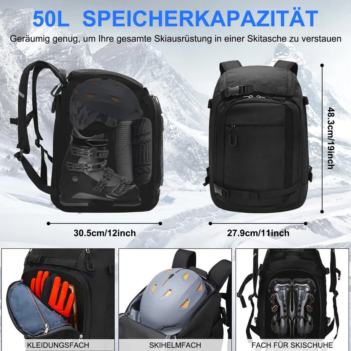 Skischuhtasche mit Helmfach 50L 1680D Nylon Skirucksack Skischuhrucksack mit Helmtasche Skitasche Siksack für Skistiefel Schlittschuhe Snowboard Inline-Skates