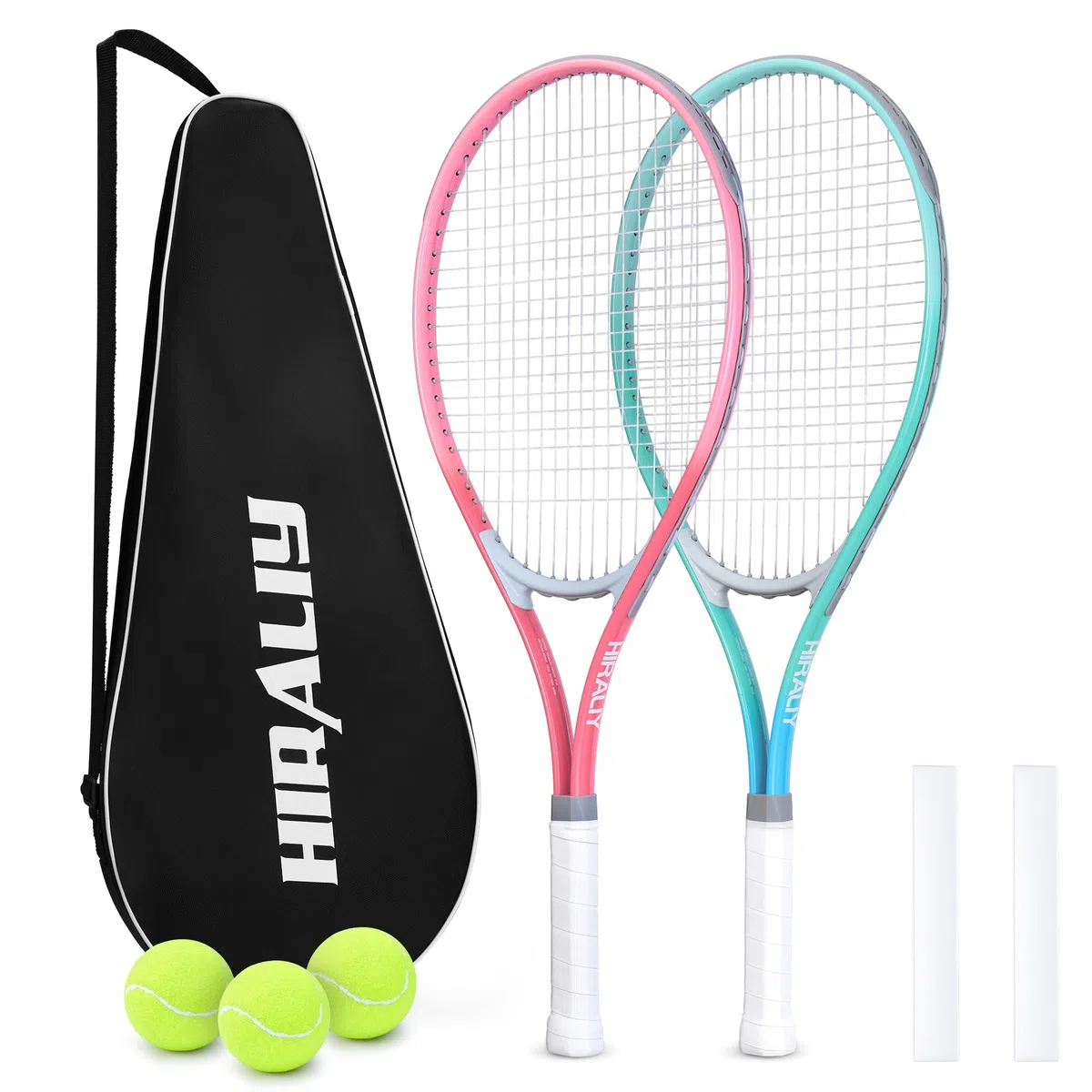 HIRALIY Tennisschläger-Set für Erwachsene, 68,6 cm, vorbespannte Tennisschläger für 2 Spieler, 2 Overgrip-Bänder, 3 Bälle und 1 Tragetasche, Outdoor-Freizeitsport für Anfänger