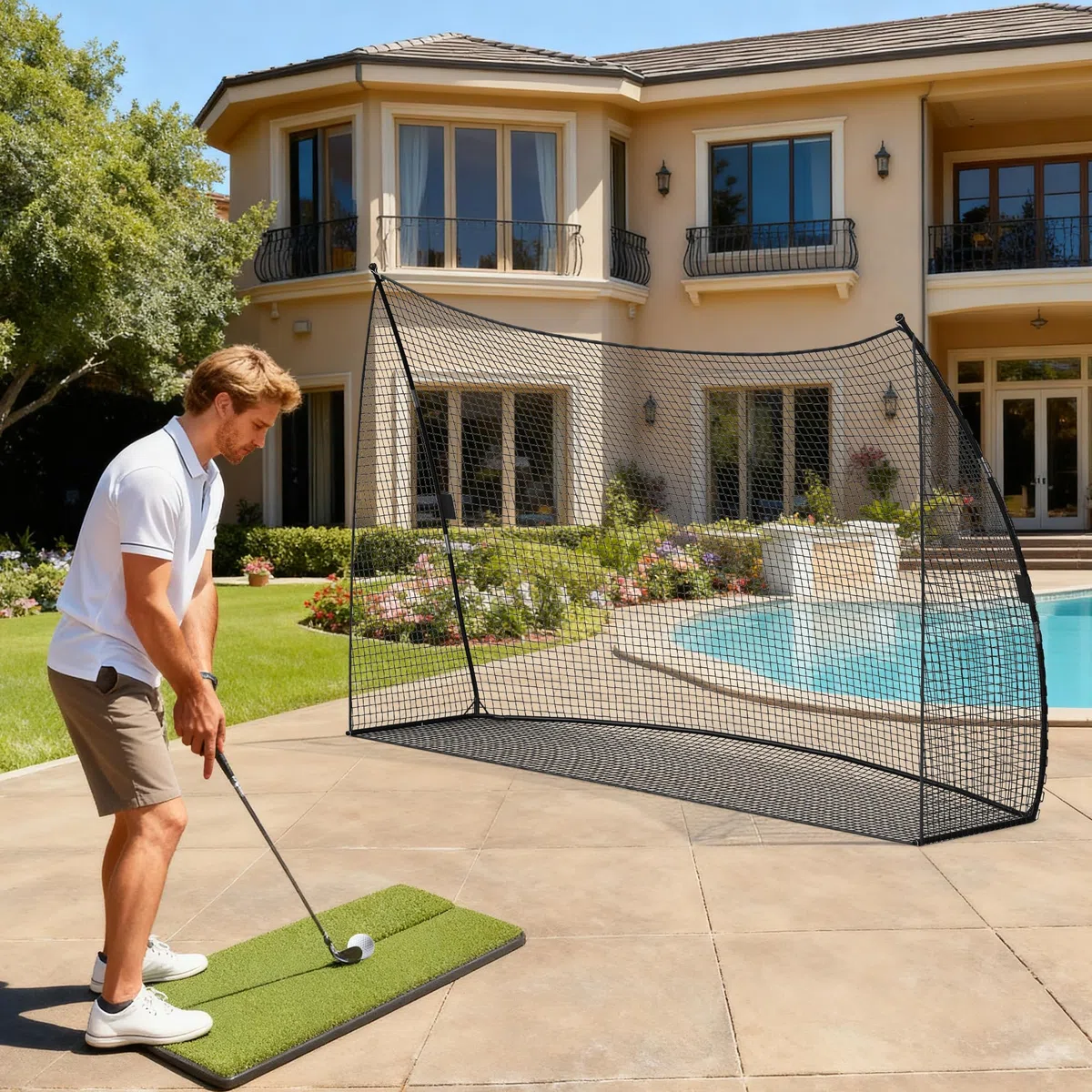 Aptliton Tragbares Golftrainingsnetz, 305 x 93 x 217 cm, Schwarz, Schlagnetz aus Eisen und robustem PE-Netz, einfache Montage für drinnen und draußen, Swing-Training