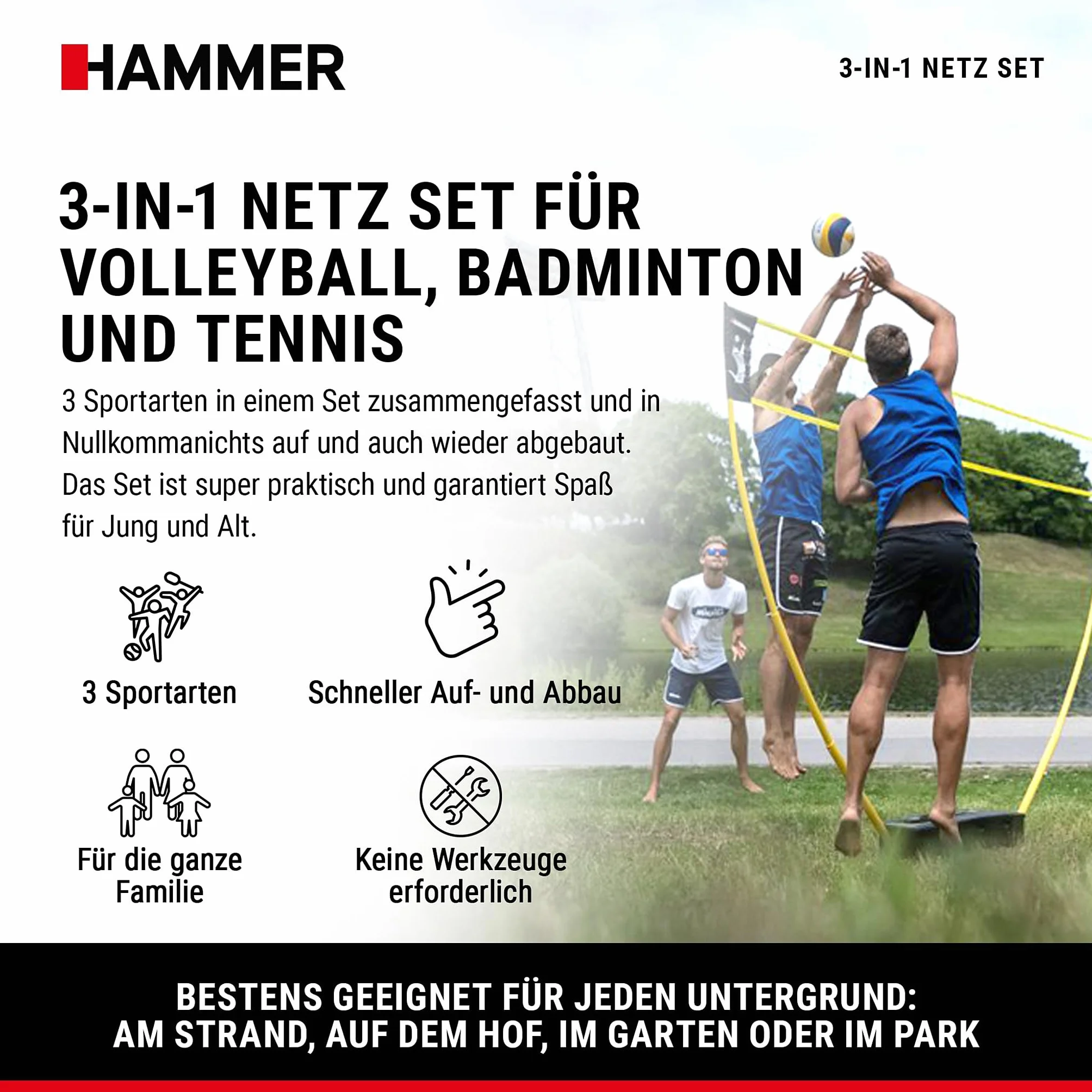 HAMMER 3 in 1 Netz Set für Volleyball, Badminton & Tennis, Spaß für jung und alt, mit Tragekoffer/Pfostenständer, leichter Aufbau, schnell verstaut und leicht transportiert