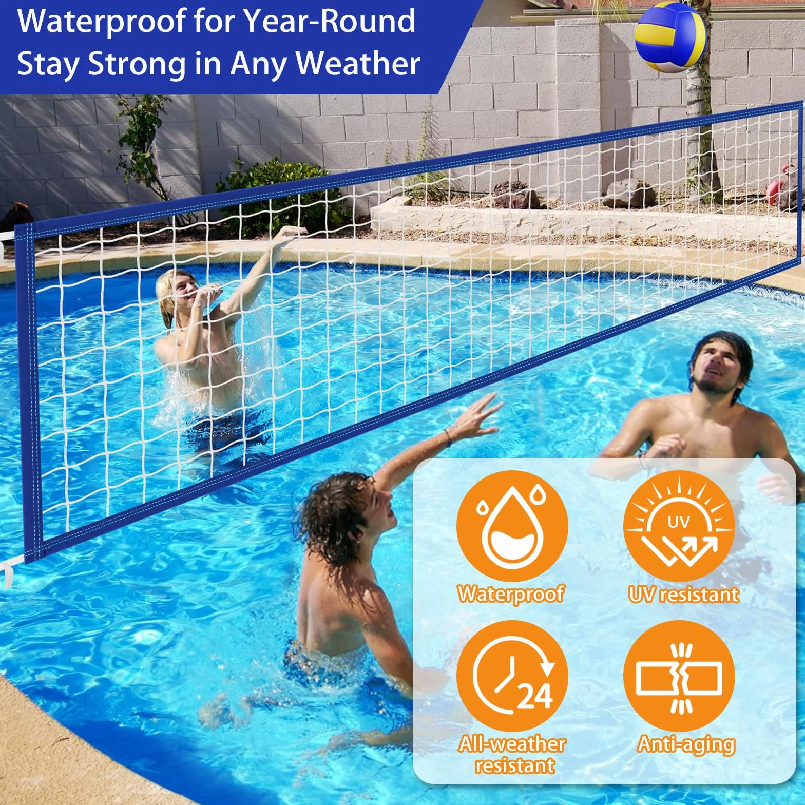 Pool-Volleyballnetz 457 x 91 cm – Verstellbar & Wasserdicht, Tragbares Ersatznetz aus strapazierfähigem Polyethylen (PE) für Wasserspiele, Garten, Strand & Outdoor-Aktivitäten