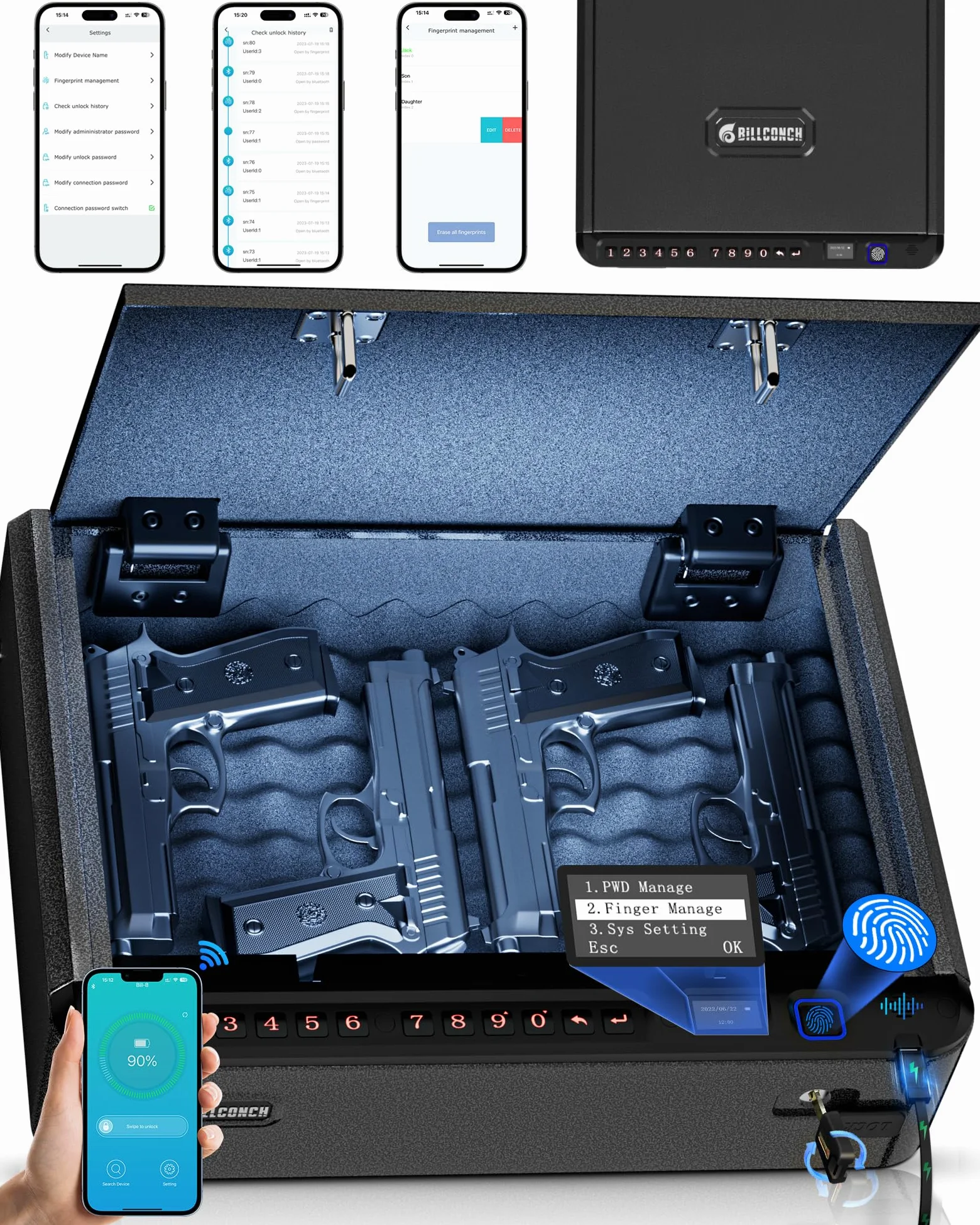 BILLCONCH Smart Gun Safe - Biometric Gun Safe for Pistols with Fingerprint/Full-digital Keypad/Key/Smartphone Lock, Quick-Access Pistol Safe for Beside Nightstand Handgun Safe with LCD/Voice Guide