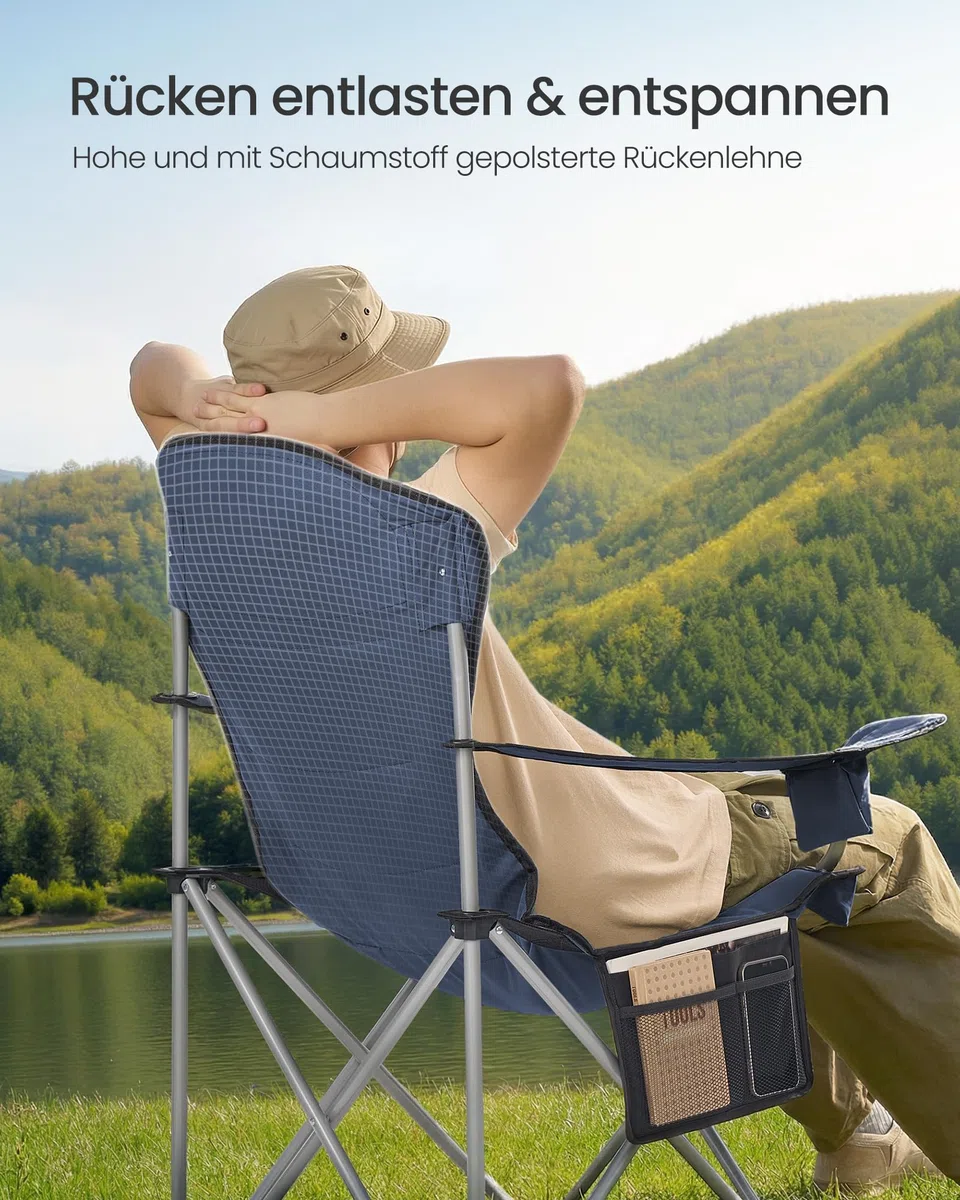 SONGMICS Campingstuhl, klappbar, Klappstuhl, breiter Sitz, hohe Rückenlehne, Outdoor-Stuhl, tragbar, Outdoor-Stuhl, mit Getränkehalter, Handyhalter, Stoff-Organizer, blau-grau GCB005QE01
