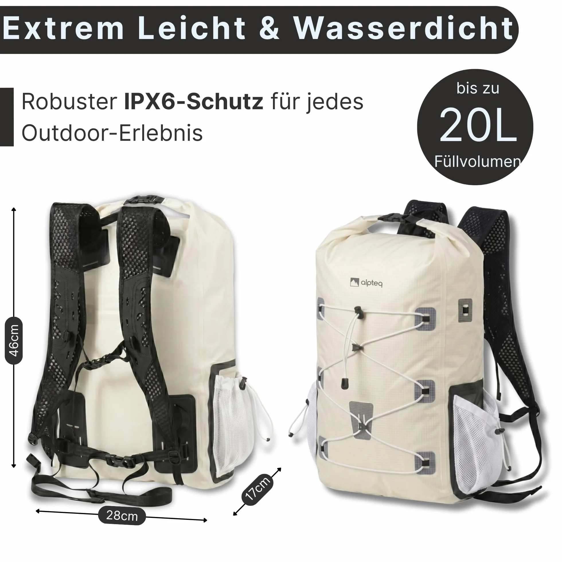 AlpPack 20L Ultraleichter Rucksack – Wasserdichter Rolltop Drybag für Wandern, Trekking, Reisen, Stadt & Outdoor, Innovatives High-Tech-Material
