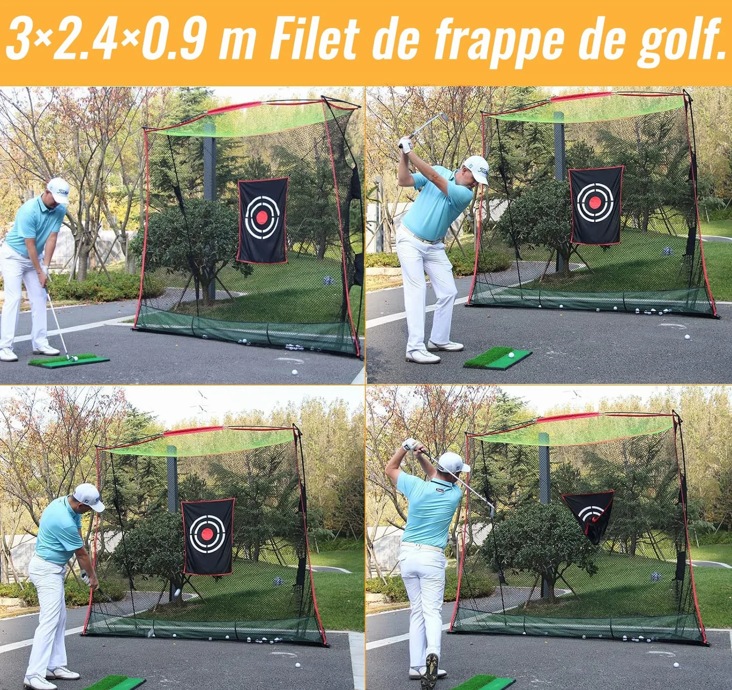 Kapler Golf Übungsnetz 3 x 2,4 x 0,9 m, Stabiles Golfnetz mit Stahlbasis & Ballaufnahme, Schlagnetz mit Samt-Zielscheibe für Driving & Chipping Training